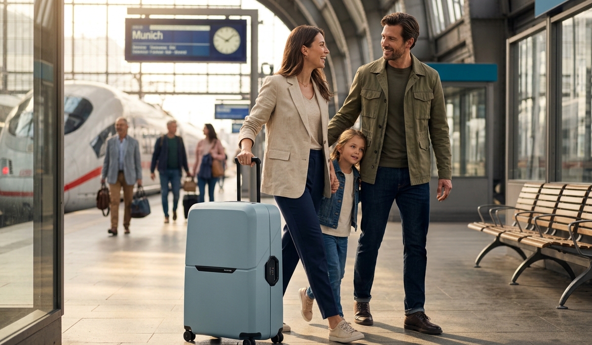 Familie mit hellblauen Hartschalenkoffern am Bahnhof vor der Zugreise nach München