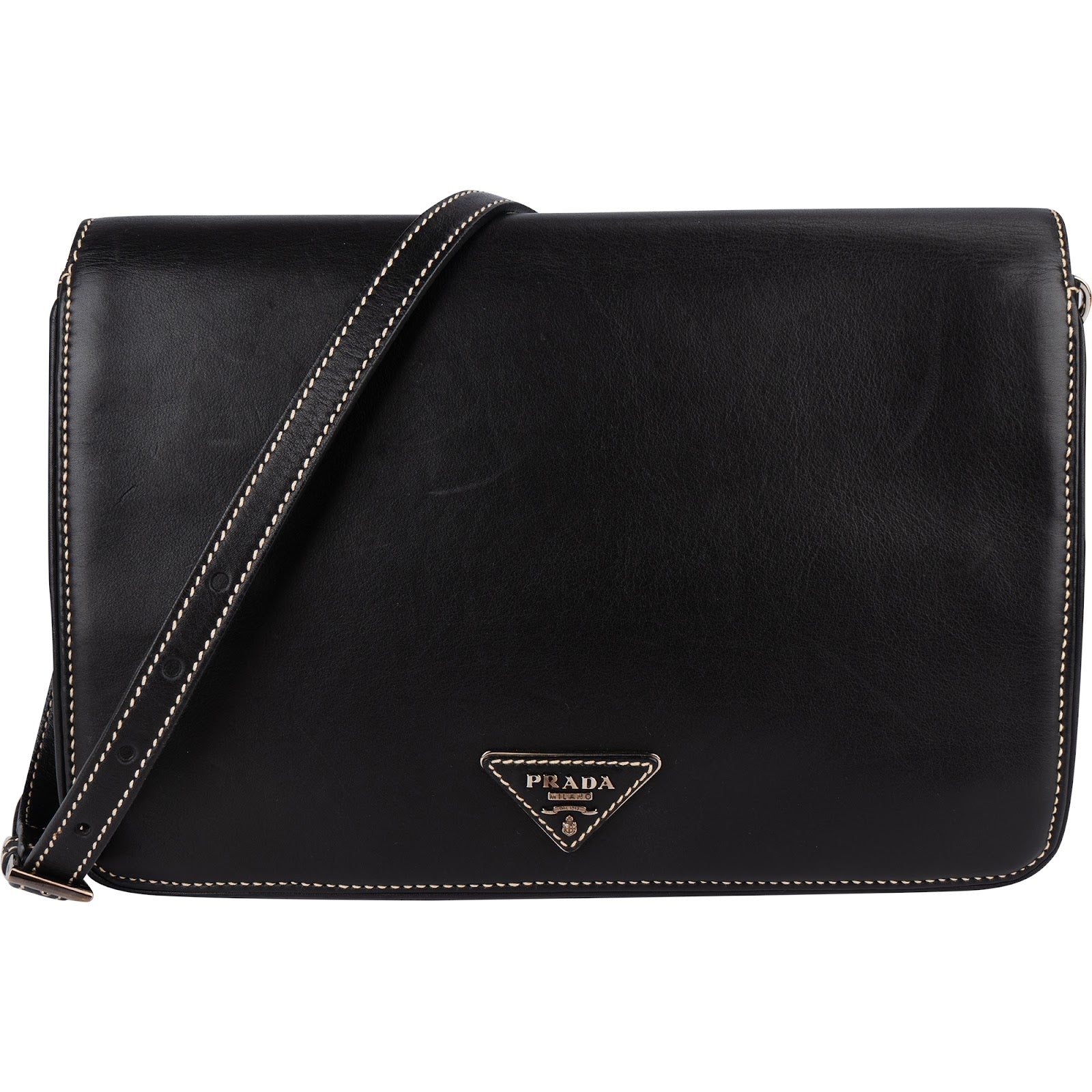 Prada Leather Contrast Stitch Flap Crossbody Bag