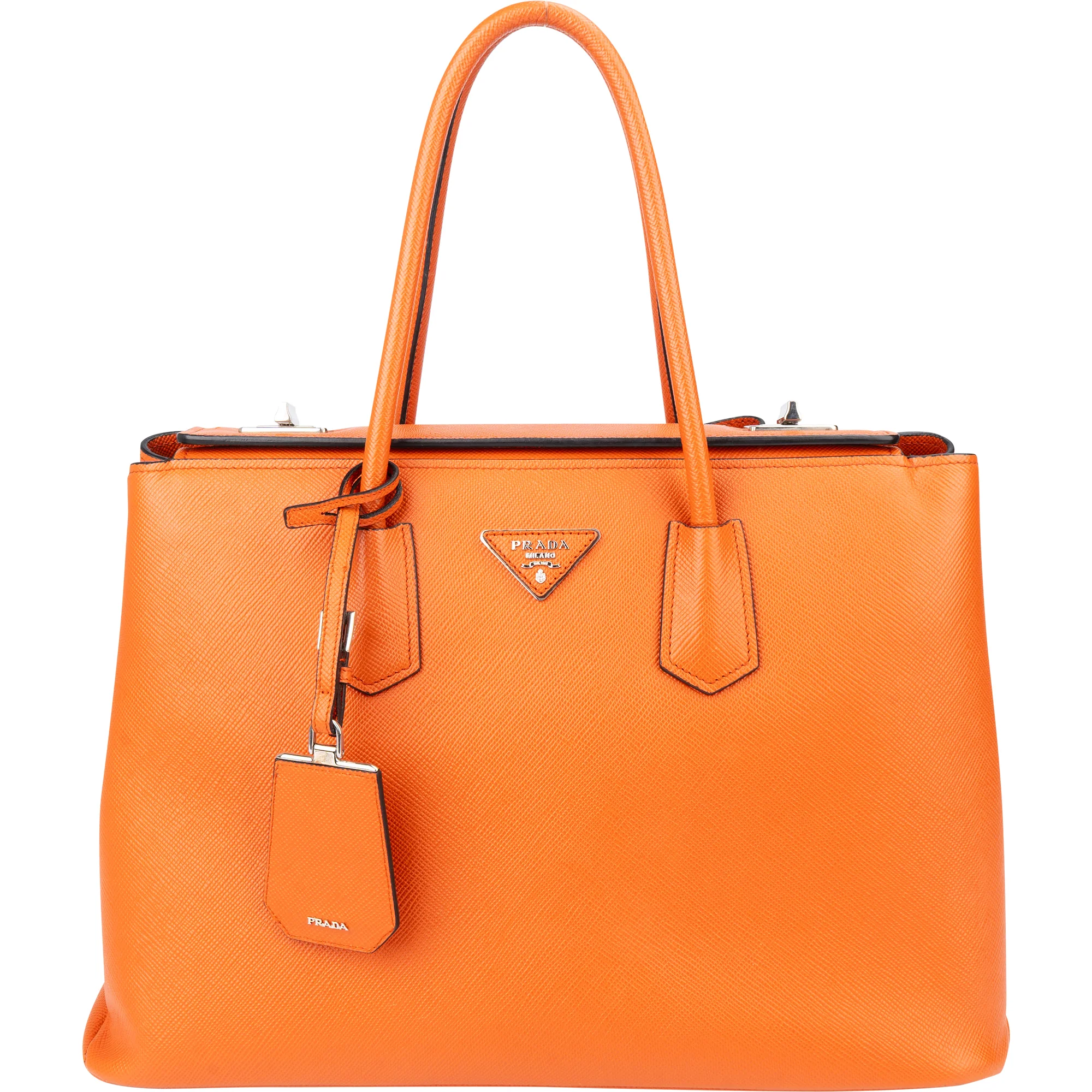 Prada Orange Saffiano Leather Turnlock Double Handbag