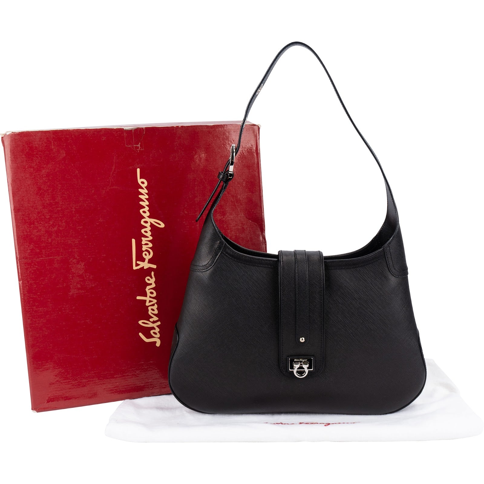 Salvatore Ferragamo Pebbled Calfskin Leather Gancini Shoulder Bag