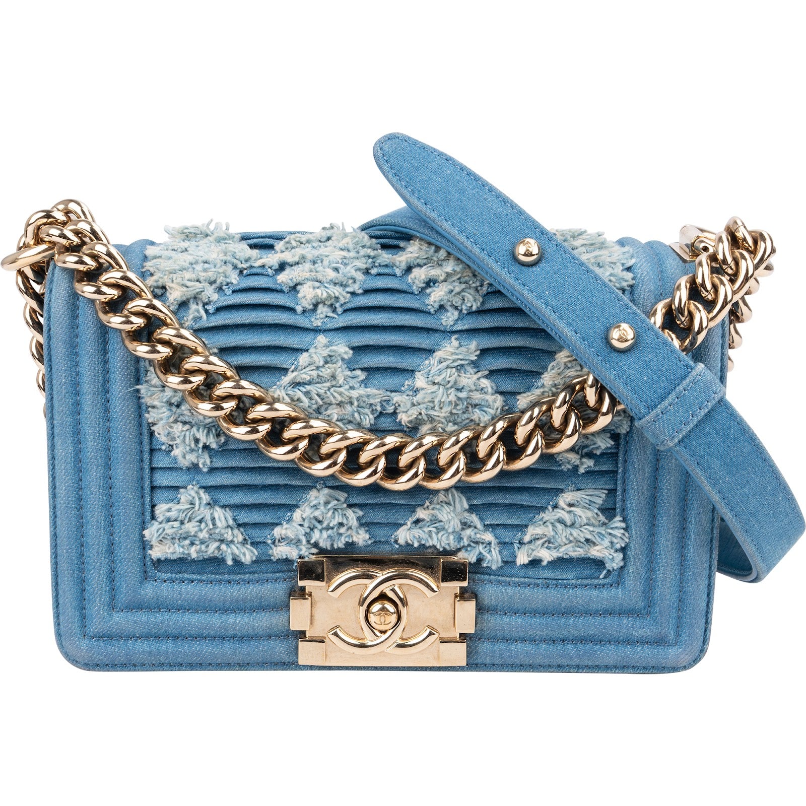 Chanel Denim Frayed Chevron Pleated Small Boy Crossbody Bag