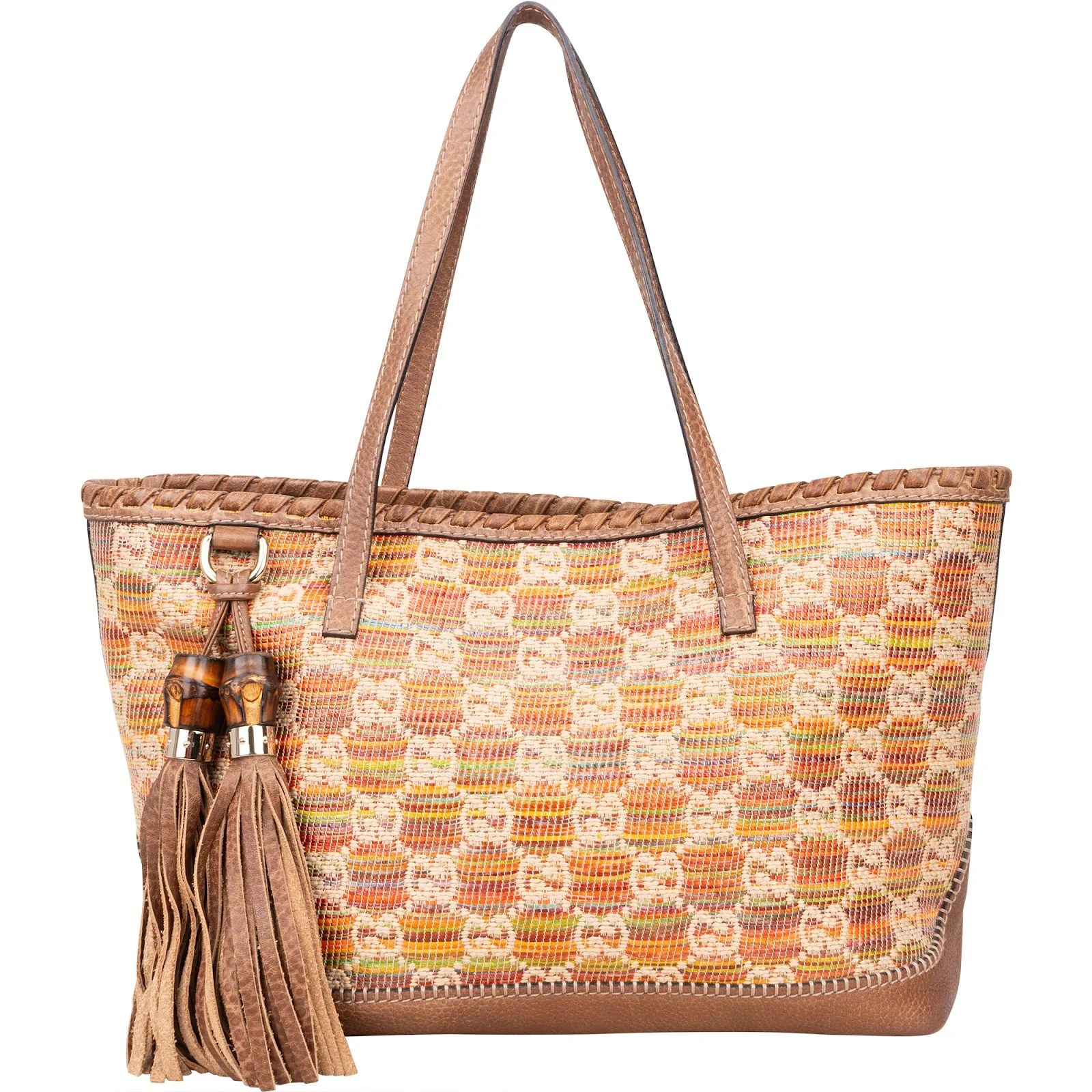 Gucci Monogram Multicolor Raffia and Leather GG Bamboo Tassel Tote Shoulder Bag