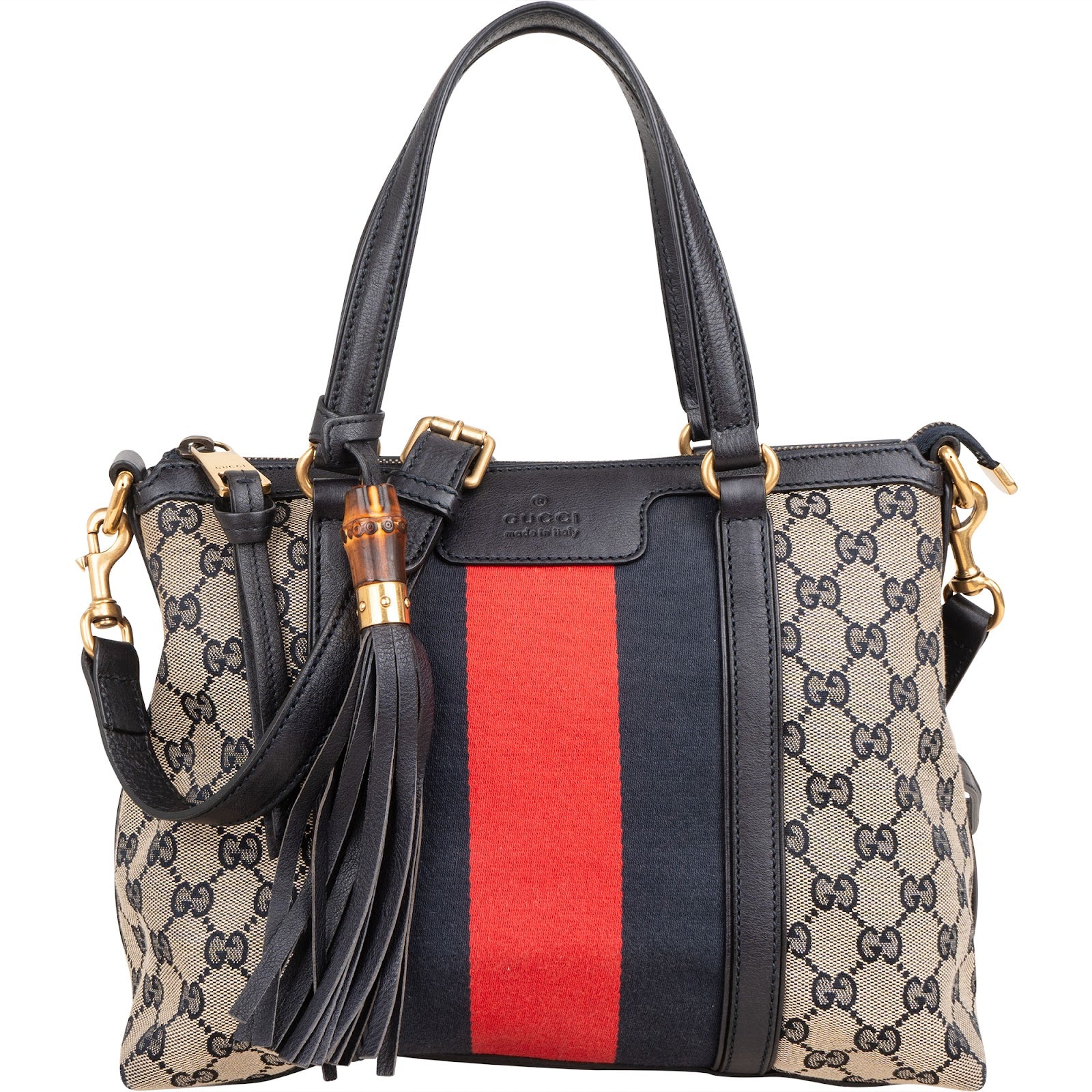 Gucci - GG Marrakech Web Stripe Bamboo Tassel Crossbody Bag