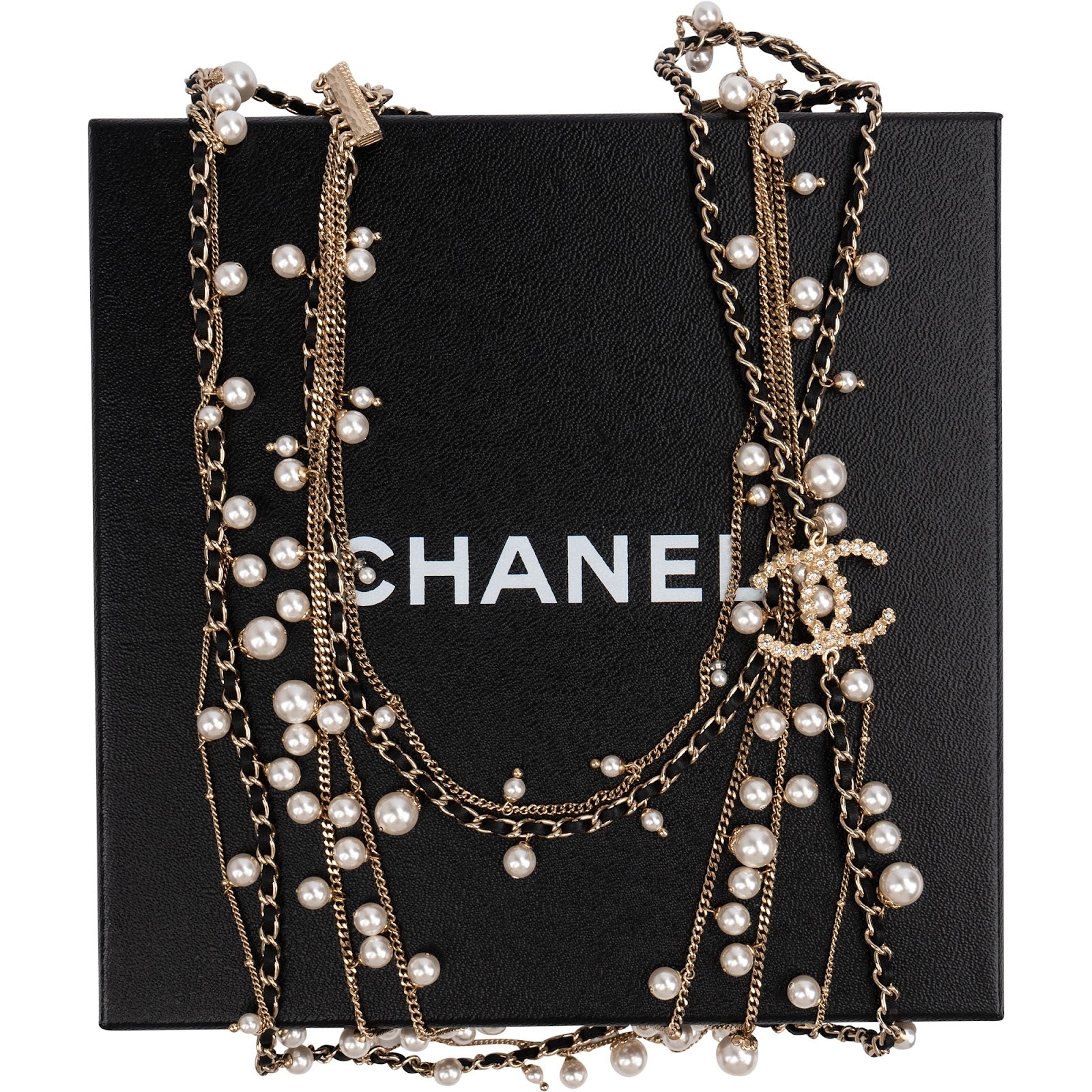 Chanel Multi-Strand Pearl Leather Chain CC Sautoir Necklace
