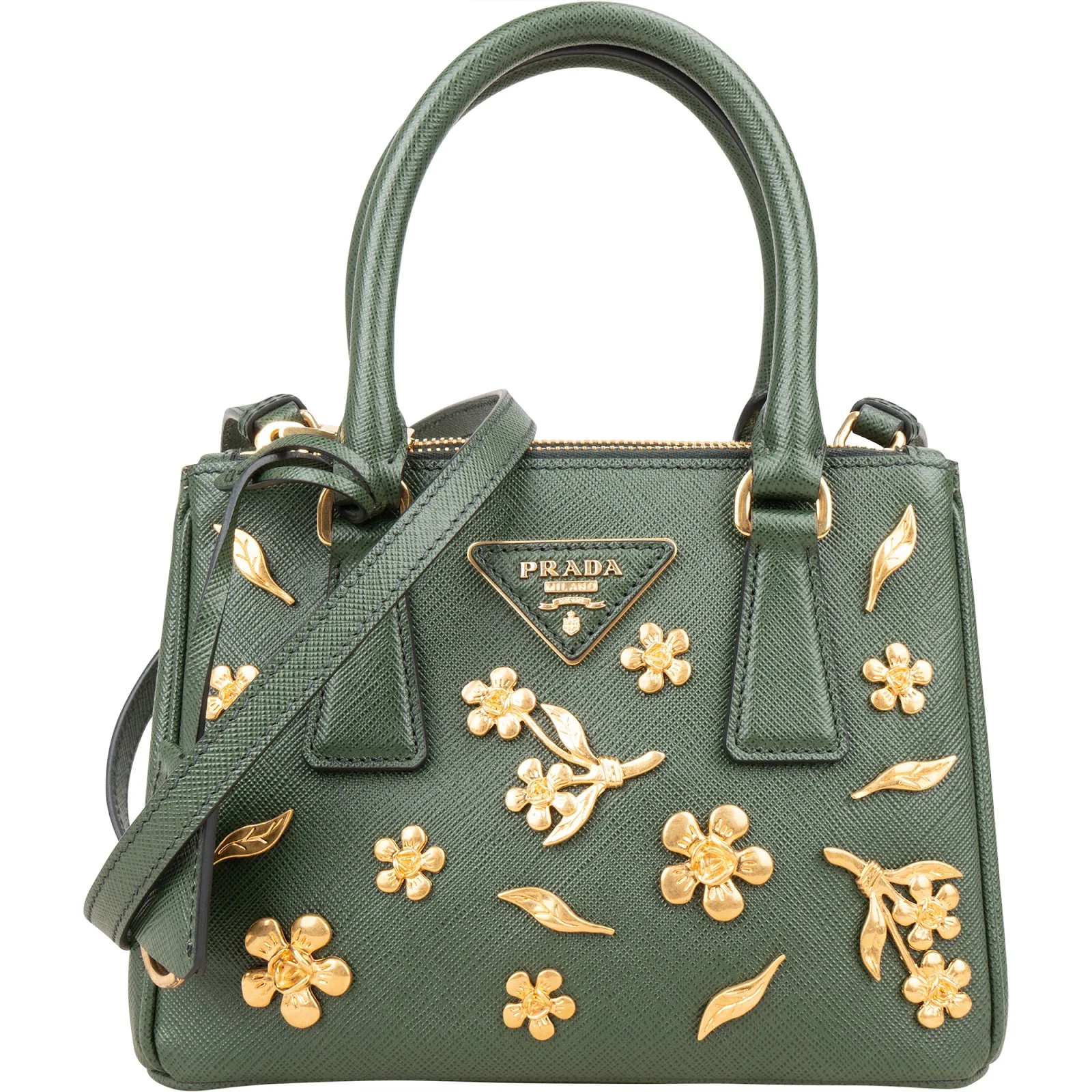 Prada Saffiano Leather Golden Floral Pelletteria Galleria Mini Handbag
