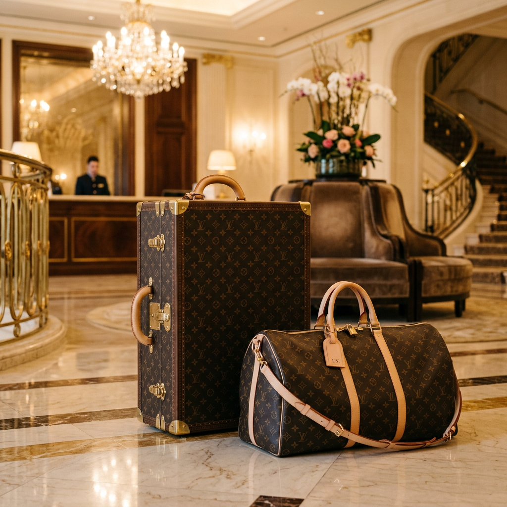 Louis Vuitton Koffer und Reisetasche im klassischen Monogramm Design in luxuriöser Hotellobby