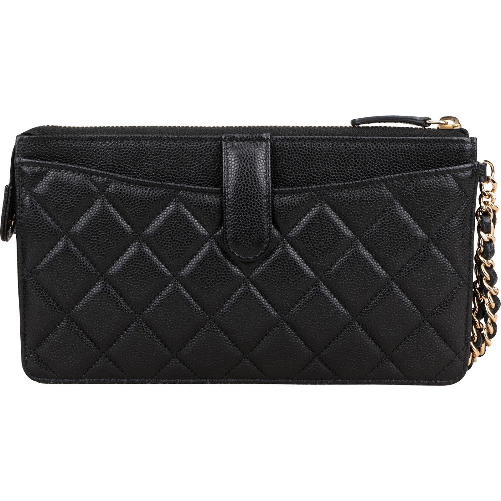 Chanel Quilted Caviar Leather Single Flap Zip Wallet Wristled Clutch