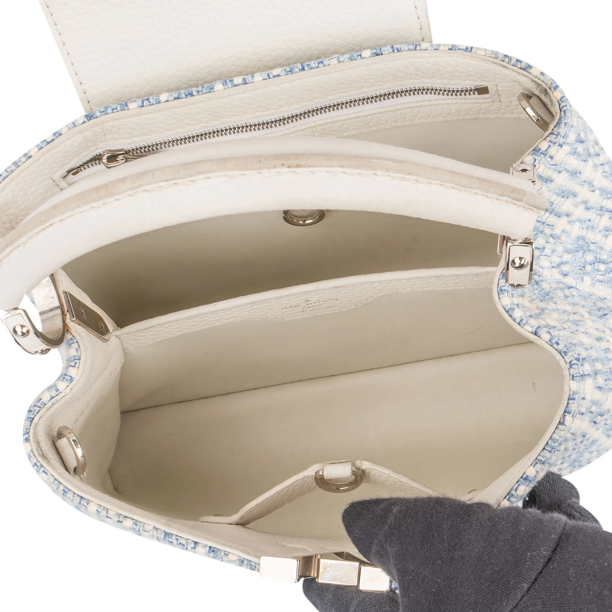 Louis Vuitton Bleu Blanco Tweed Capucines BB Handbag