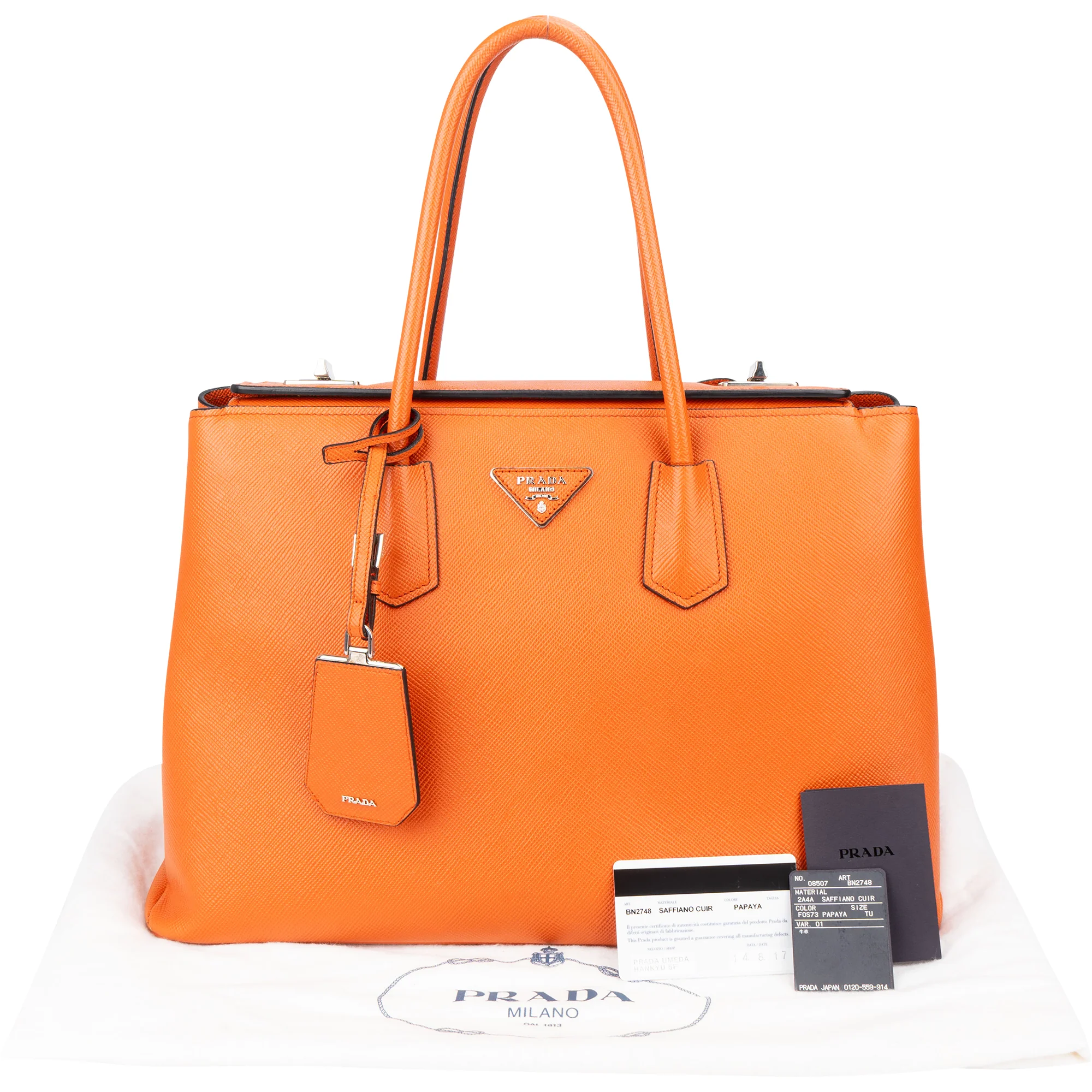 Prada Orange Saffiano Leather Turnlock Double Handbag