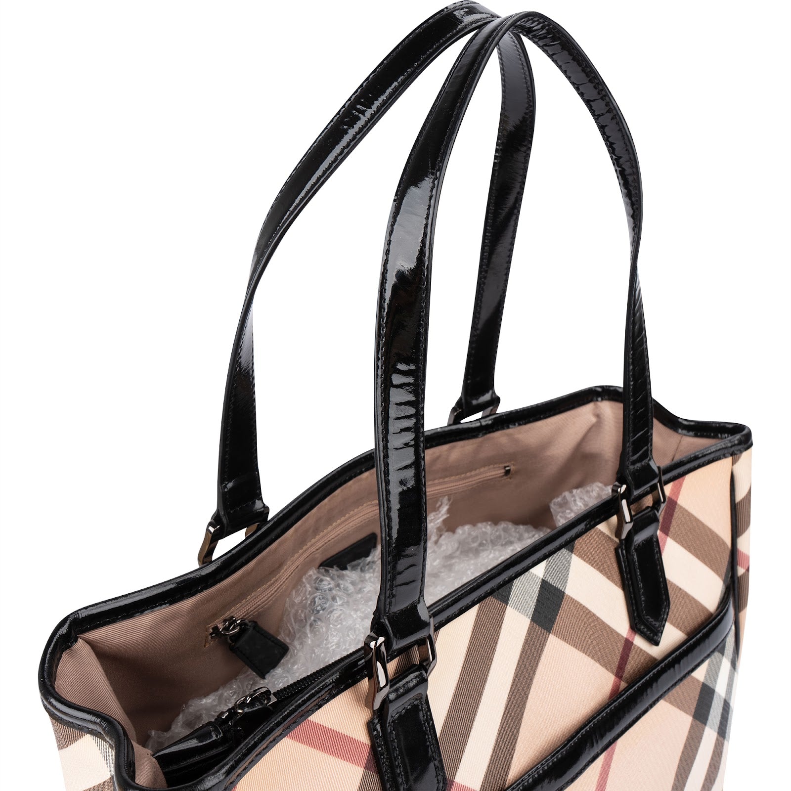 Burberry Nova-Check Monogram Patent Leather Tote Shoulder Bag