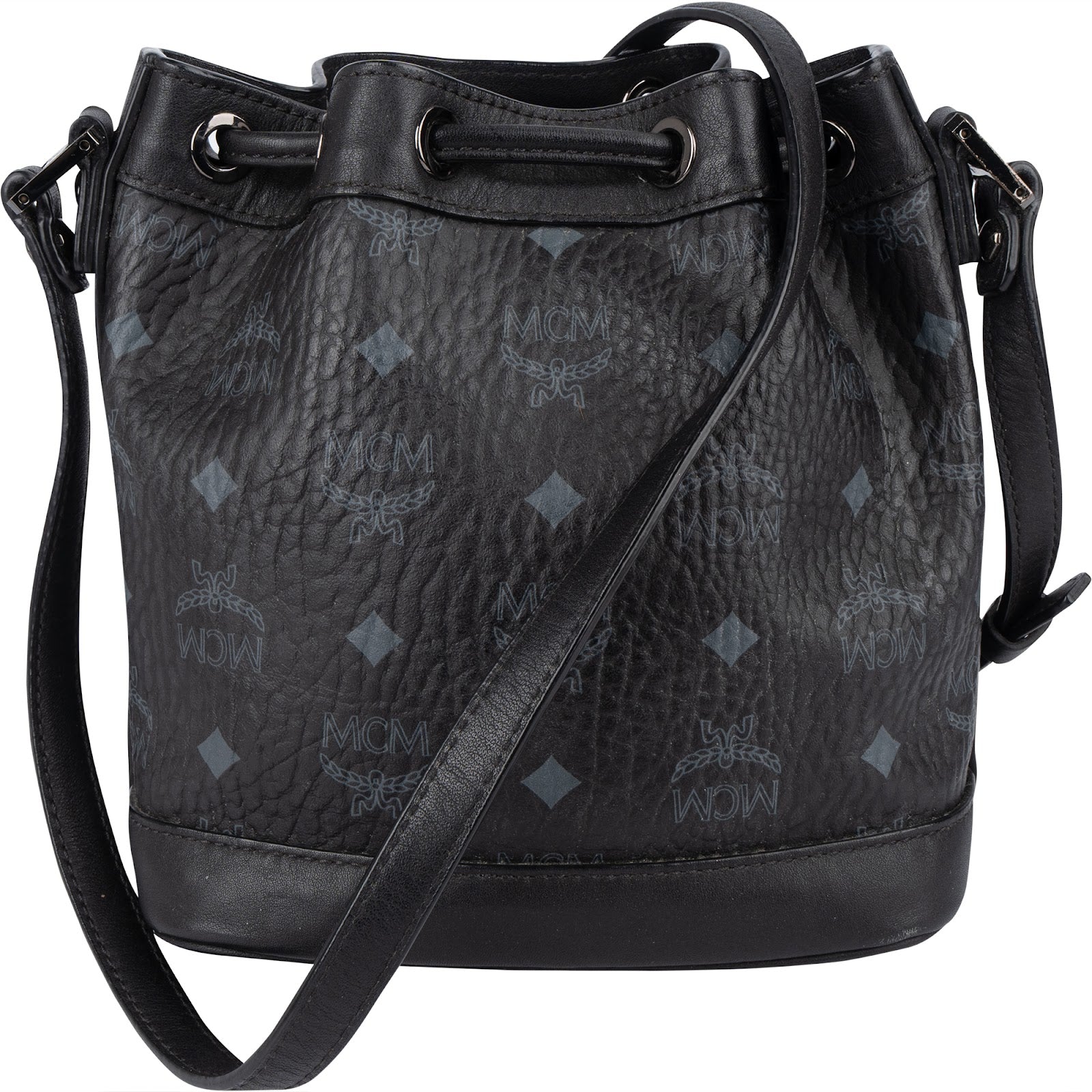 MCM Black Monogram Visetos Studded Crystal Small Bucket Crossbody Bag