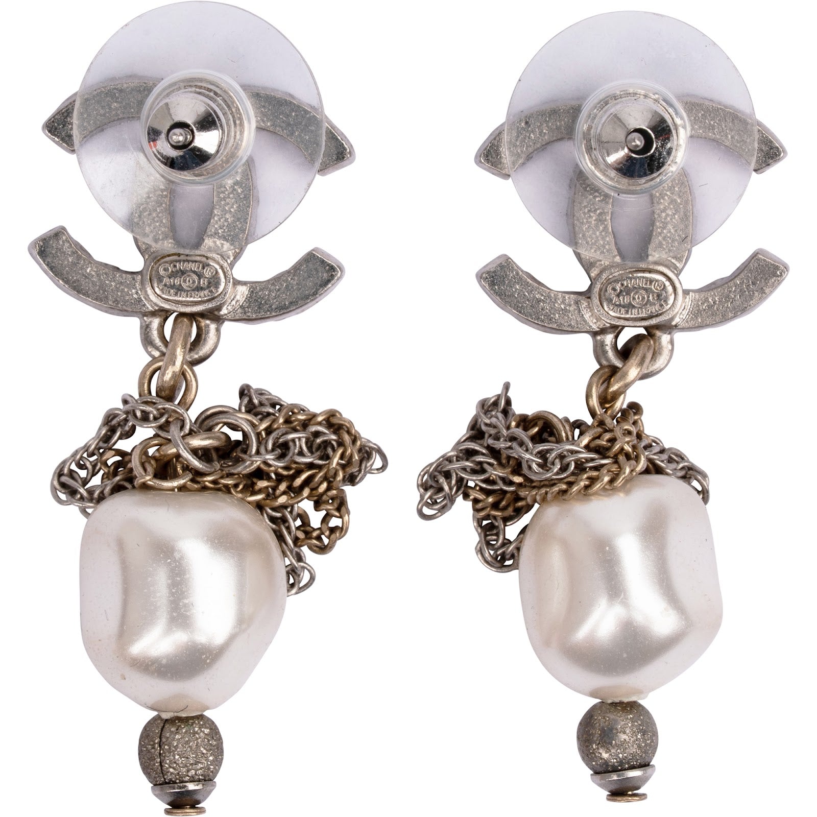 Chanel Textured CC Emblem 2018 Pearl Chain Drop Earrings