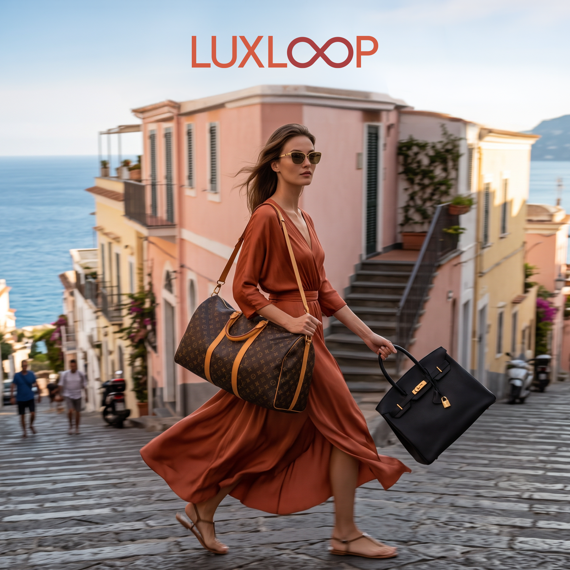 Frau in rostfarbenem Kleid trägt eine braune Reisetasche und eine schwarze Designer-Handtasche in einer mediterranen Küstenstadt.