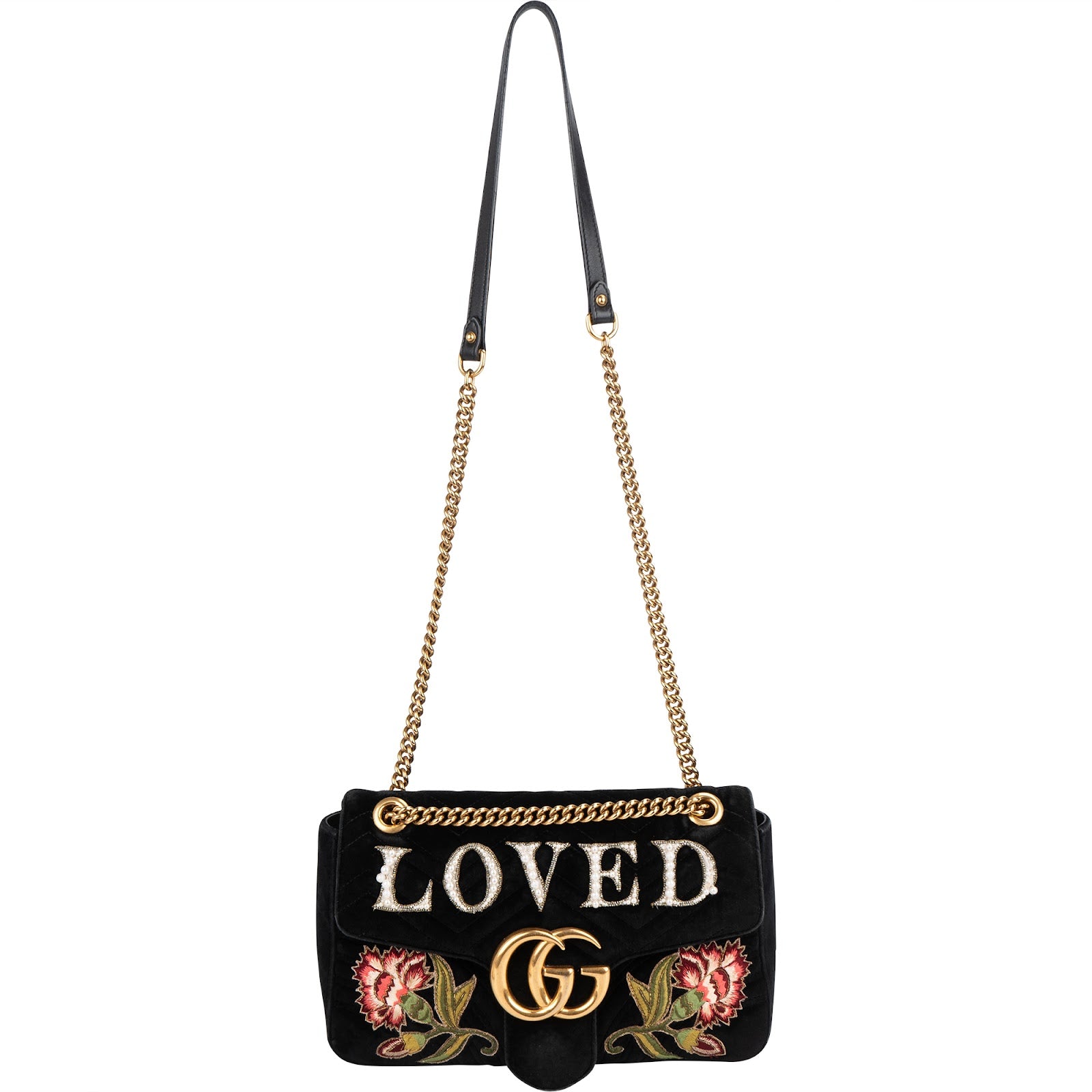 Gucci Monogram Velvet Small GG Marmont 'Loved' Embroidered Shoulder Bag