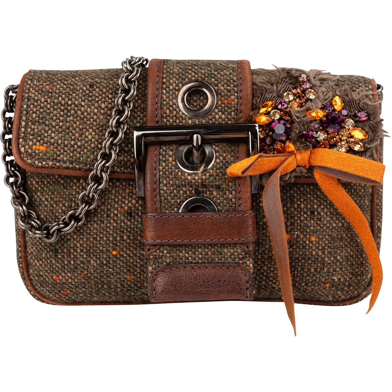 Prada - Tweed Ricamo Visone Mini Flap Shoulder Bag
