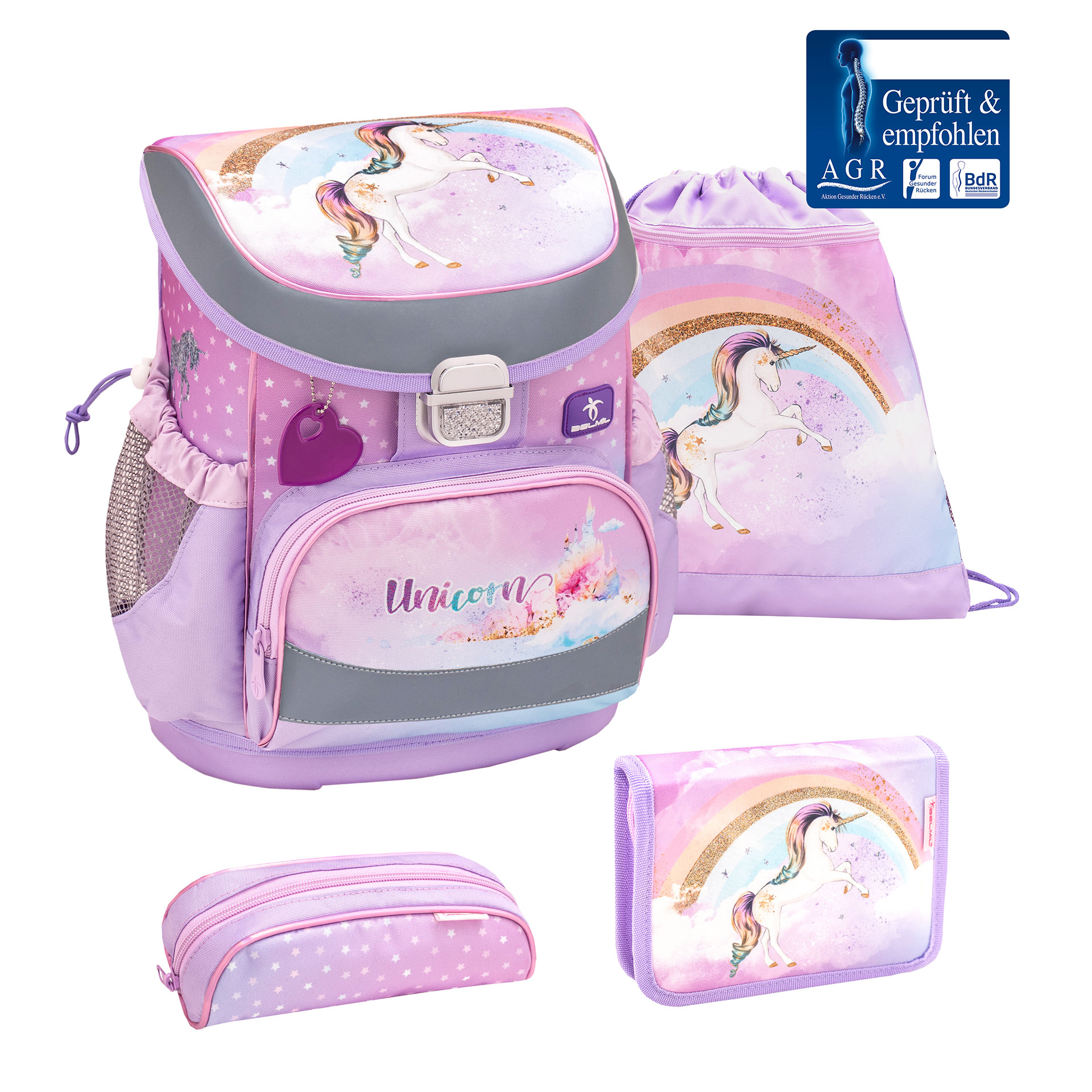 Belmil Mini-Fit ergonomisches Schulranzen-Set 4-teilig "Rainbow Unicorn"