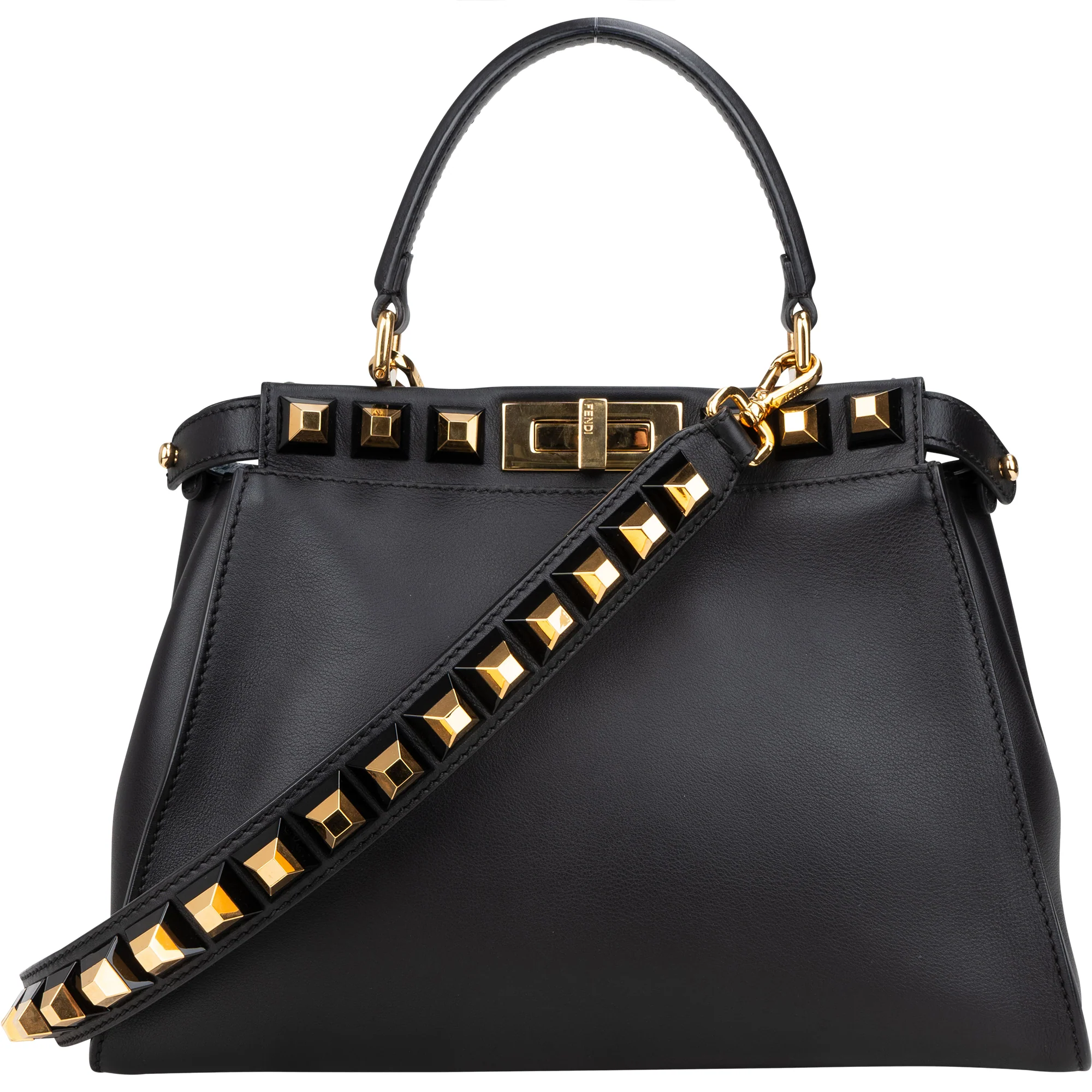 Fendi Noir Leather Gold Edition Spikes Peekaboo Handbag