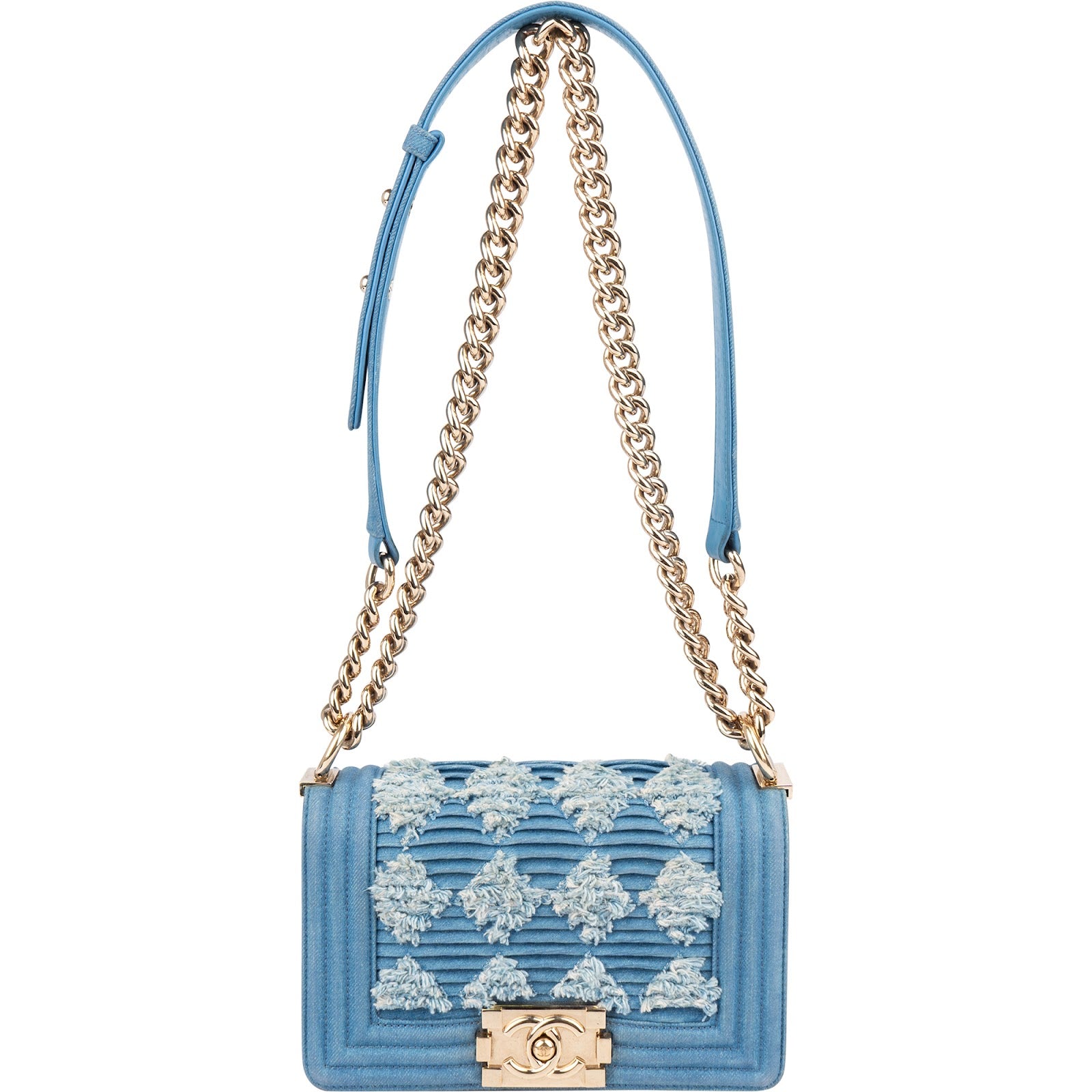 Chanel Denim Frayed Chevron Pleated Small Boy Crossbody Bag