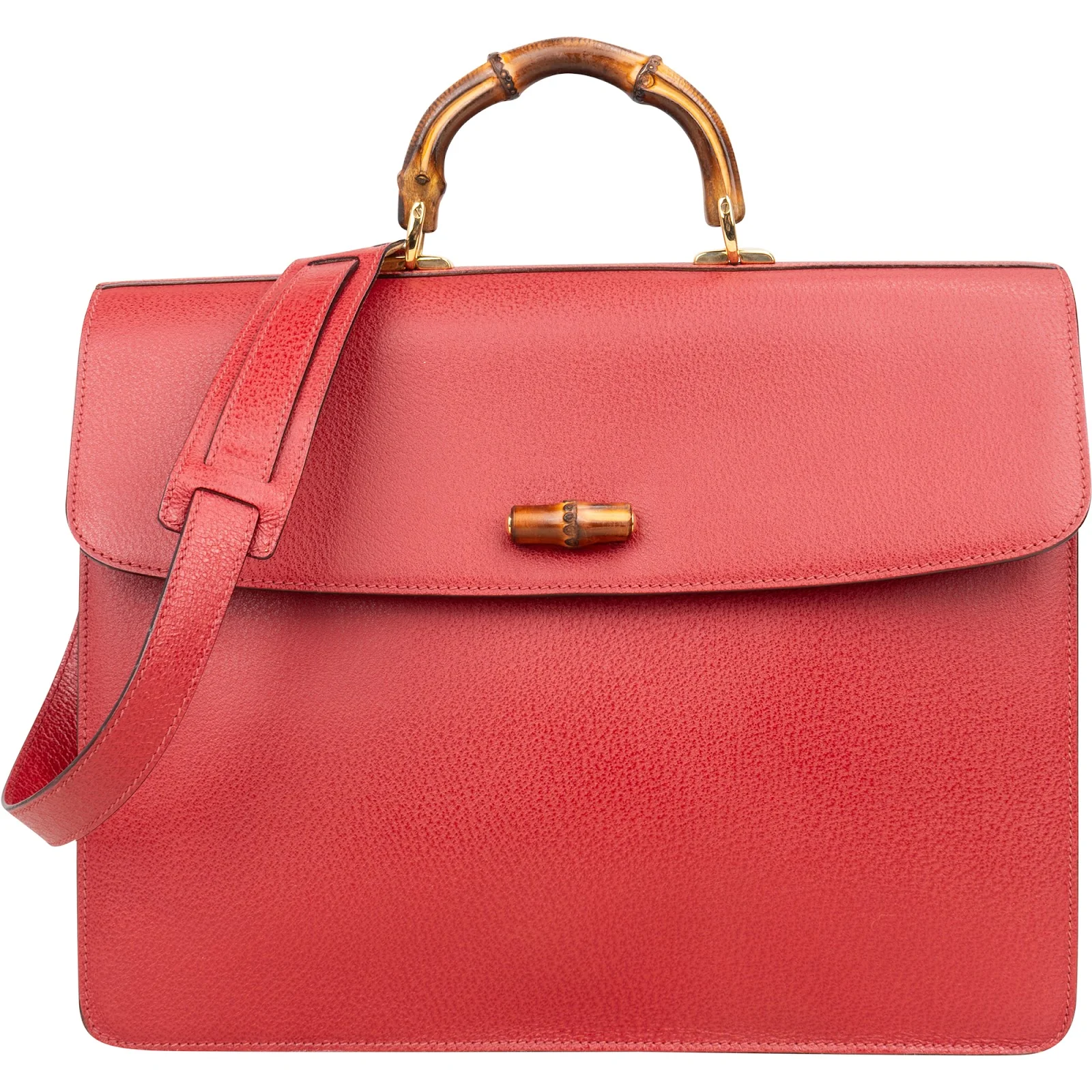 Gucci Red Grained Leather Bamboo Aktentasche Crossbody
