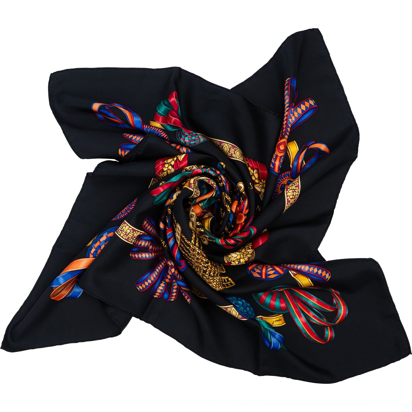Hermès Noir Les Rubans du Cheval Silk Carre 90 Tuch