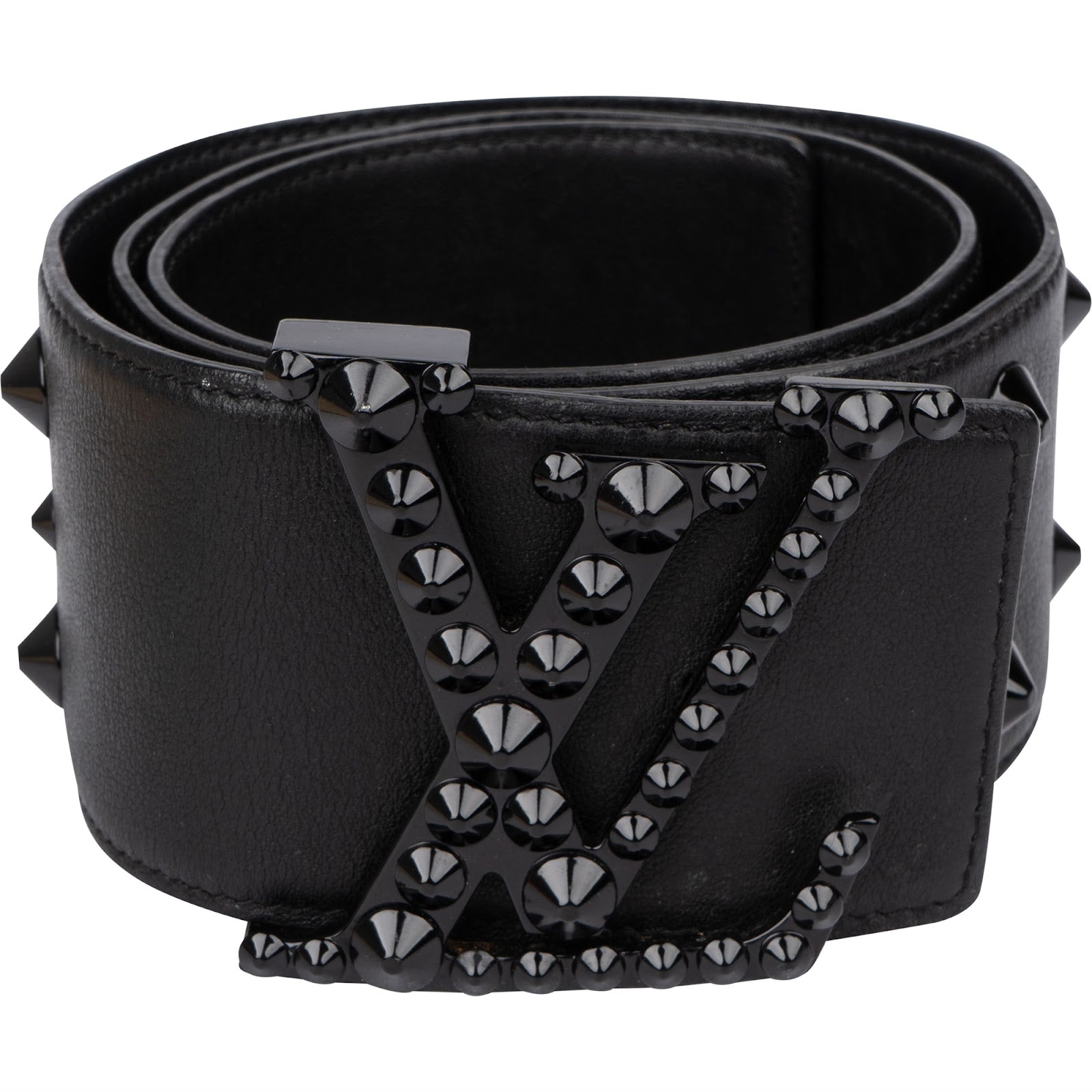 Louis Vuitton Black Leather Studded LV Initiales Pyramide Gürtel (75 / 30) M6909