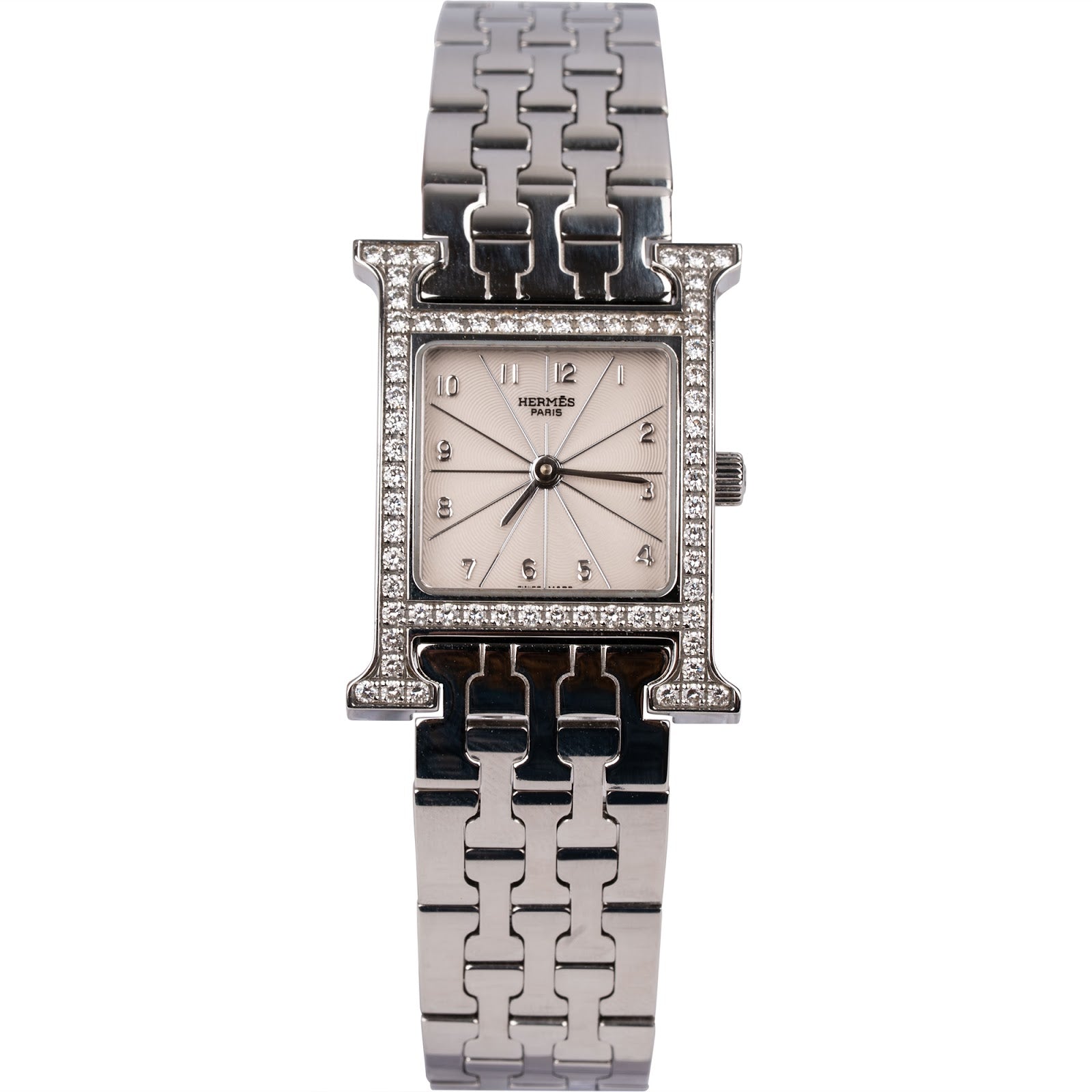 Hermès Silver Tone Heure H PM Diamond HH1.230 Damen Armbanduhr