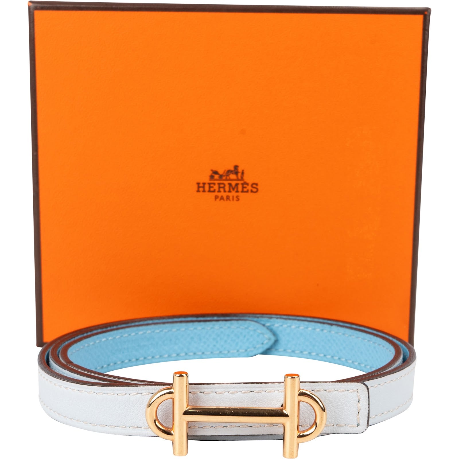 Hermès Reversible Blue Leather Gamma H Skinny Belt (70)