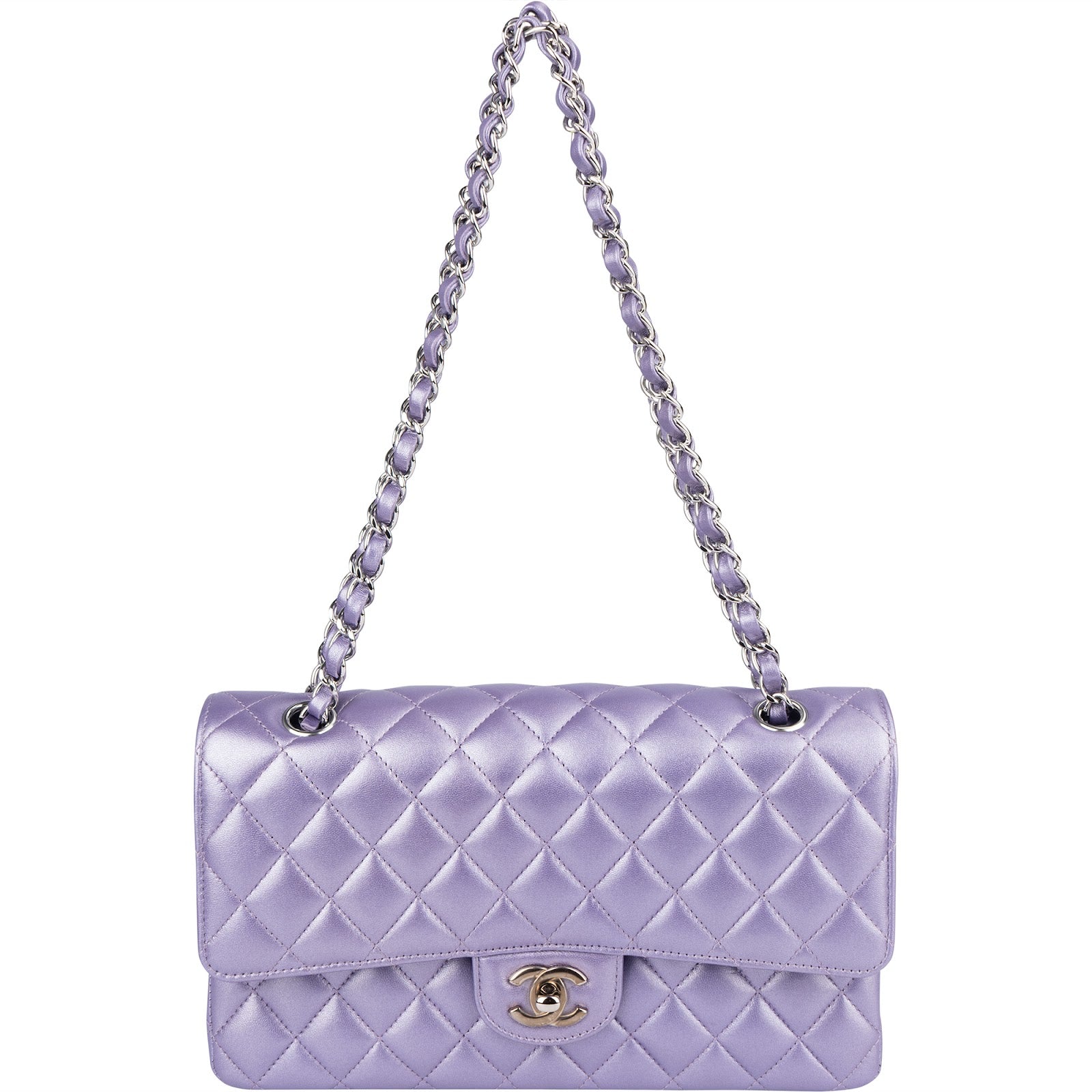 Chanel Quilted Metallic Lambskin Medium Double Flap Crossbody Bag