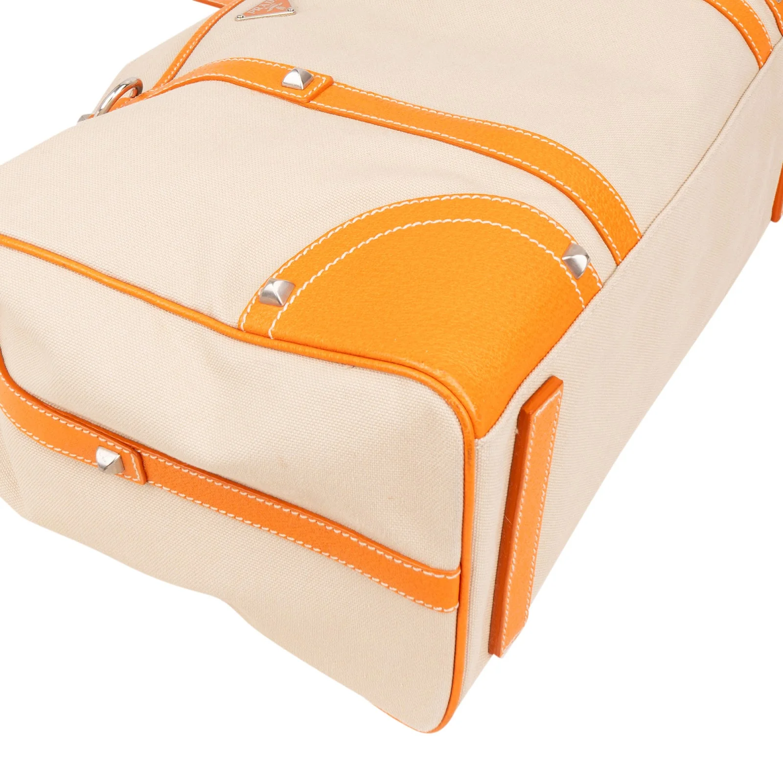 Prada Canvas and Leather Studded Shoulder Bag