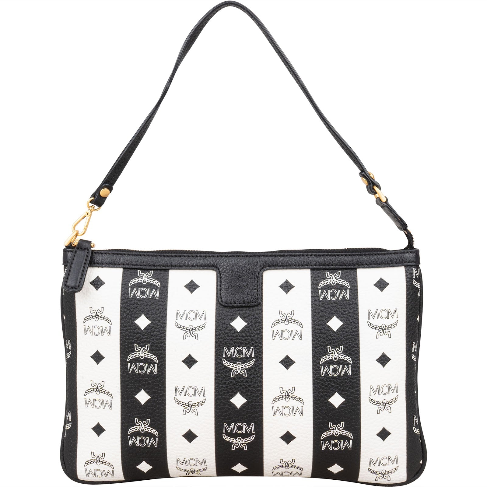 MCM Monogram Visetos Black and White Vertical Stripe Liz Clutch