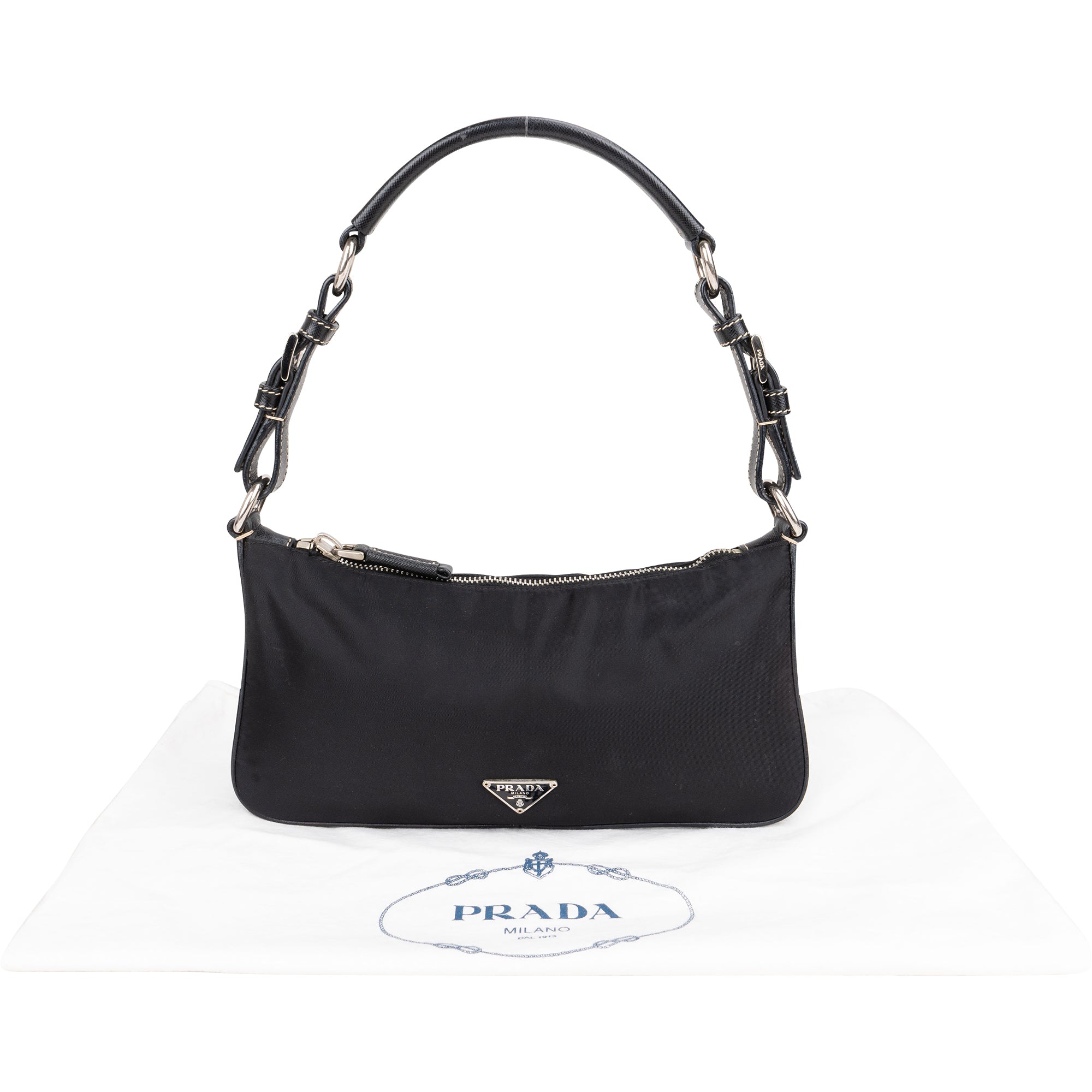 Prada Nylon Black Saffiano Leather Triangle Handbag