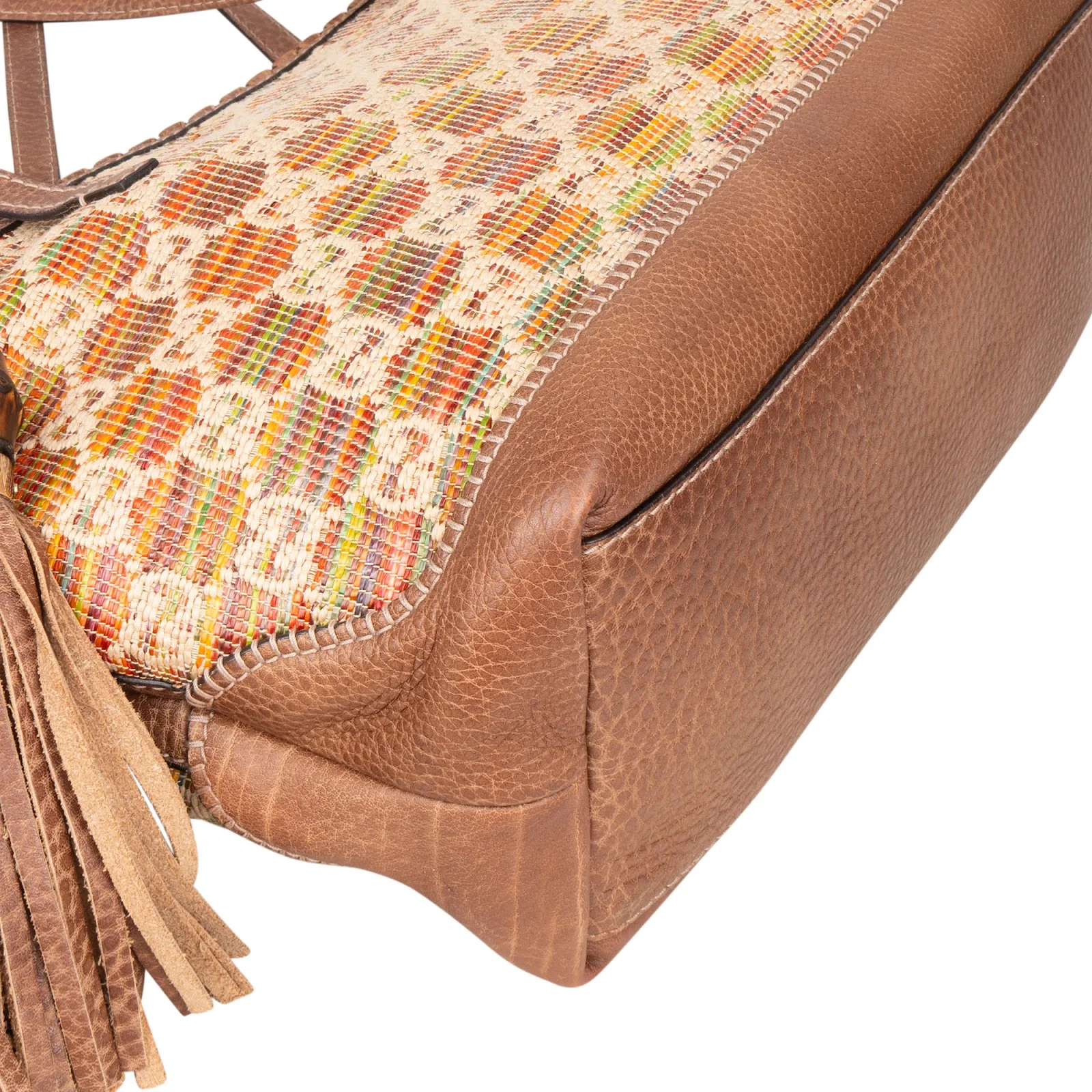 Gucci Monogram Multicolor Raffia and Leather GG Bamboo Tassel Tote Shoulder Bag