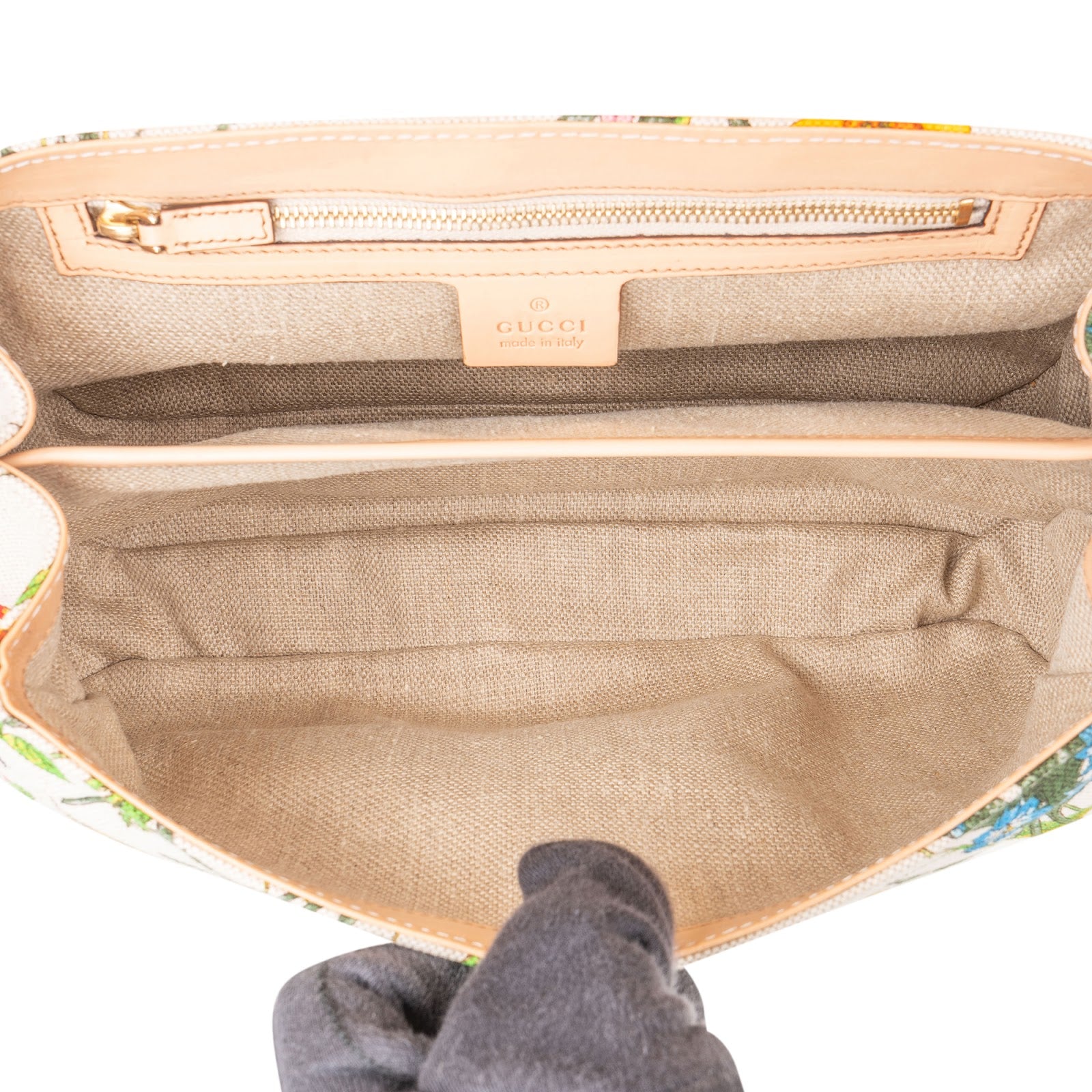 Gucci Rose Leather Flora Print Canvas Bamboo Top Handle Handbag