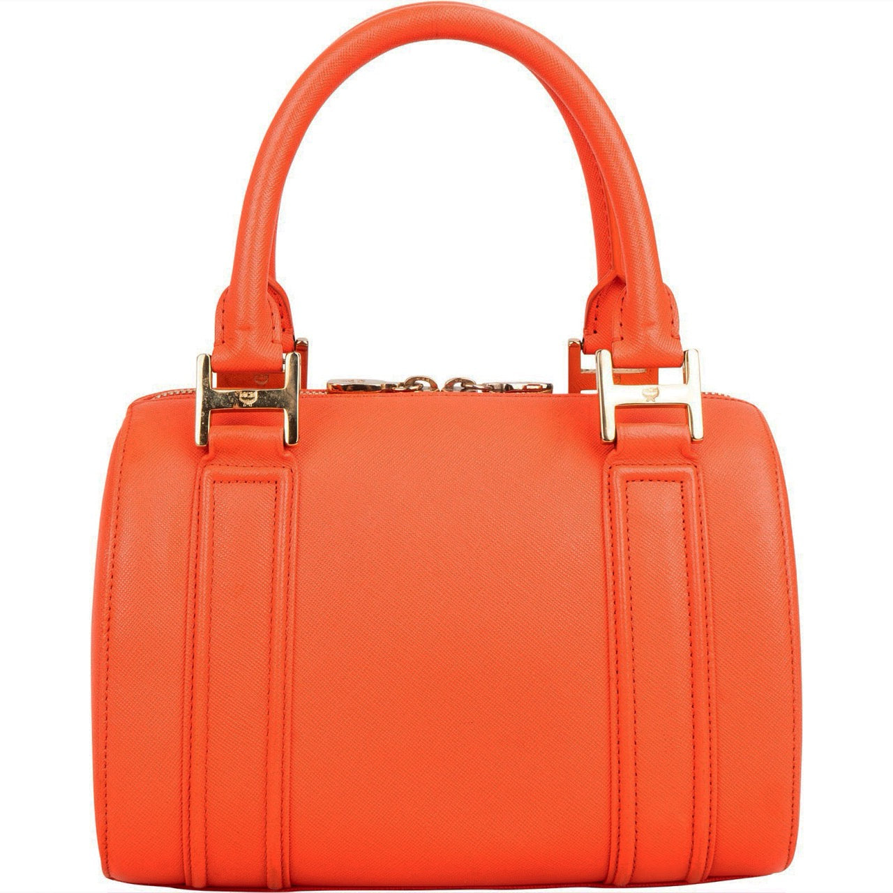 MCM Orange Grained Leather Essential Studded Small Boston Bag