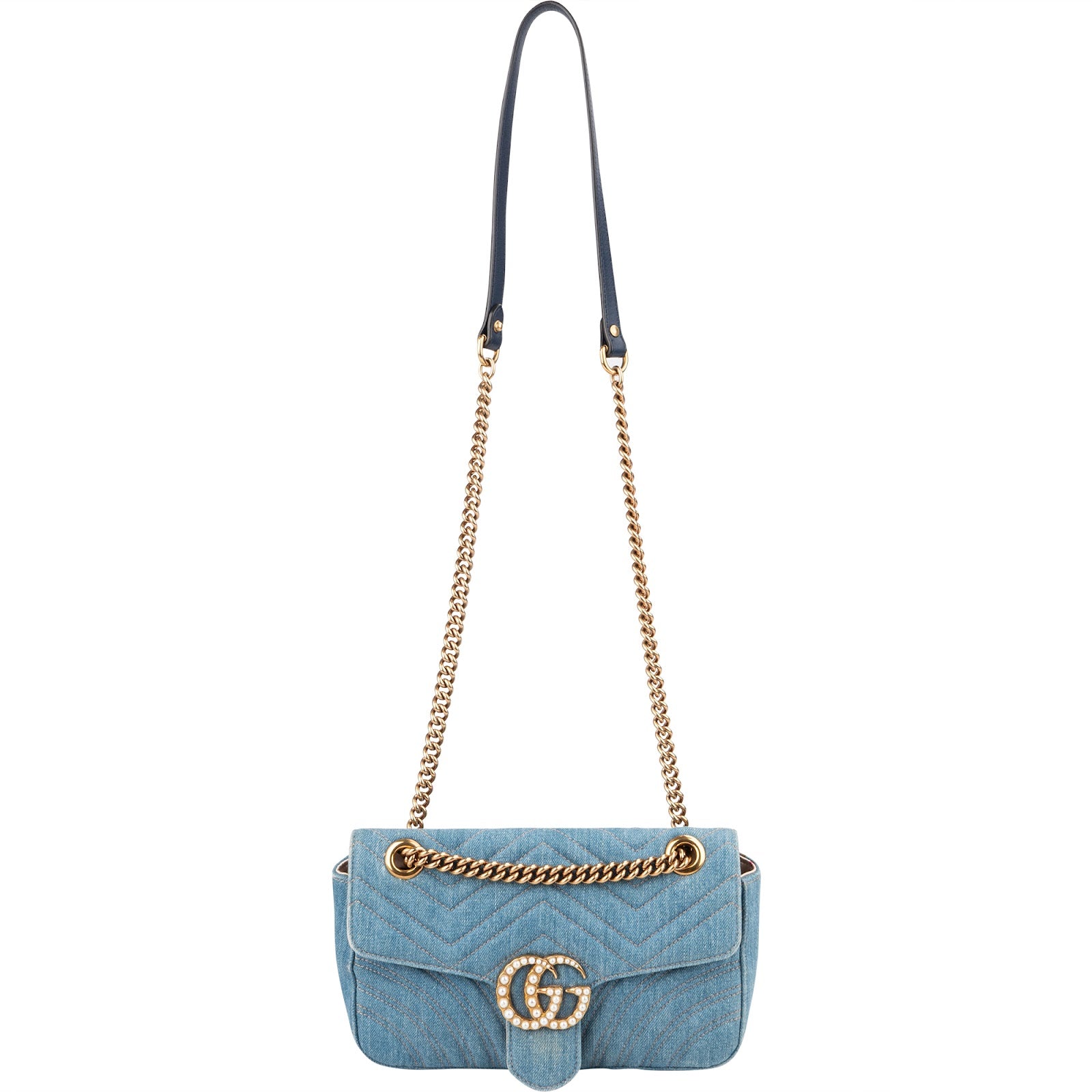 Gucci Denim Matelassé Denim Pearl GG Marmont Crossbody Bag