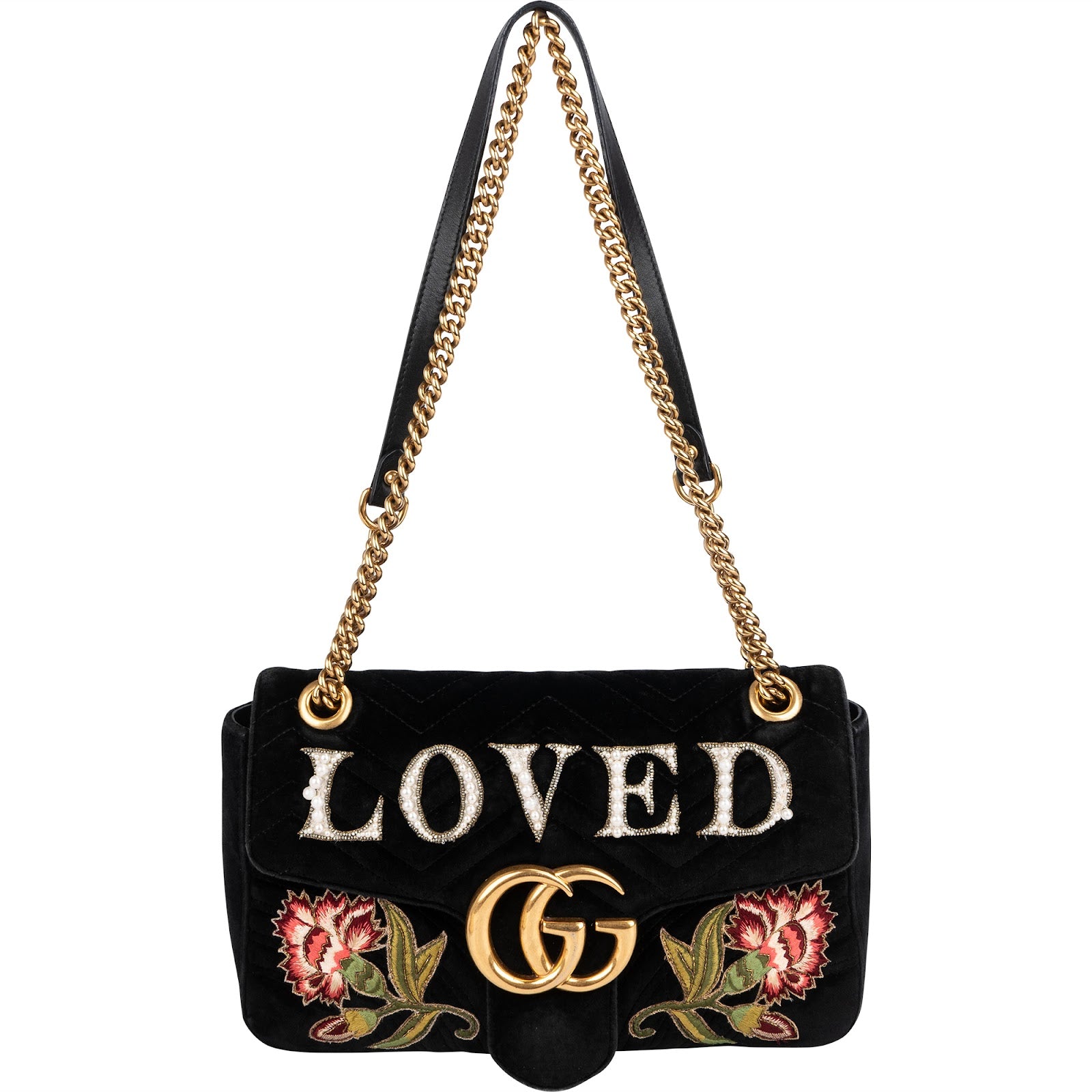 Gucci Monogram Velvet Small GG Marmont 'Loved' Embroidered Shoulder Bag