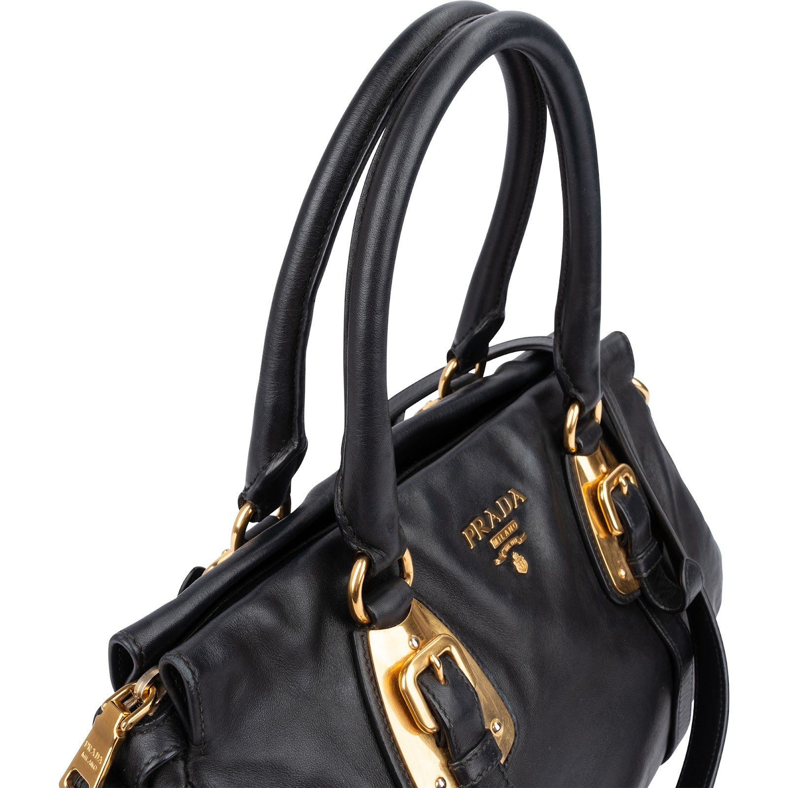 Prada Black Leather Buckle Tote Handbag