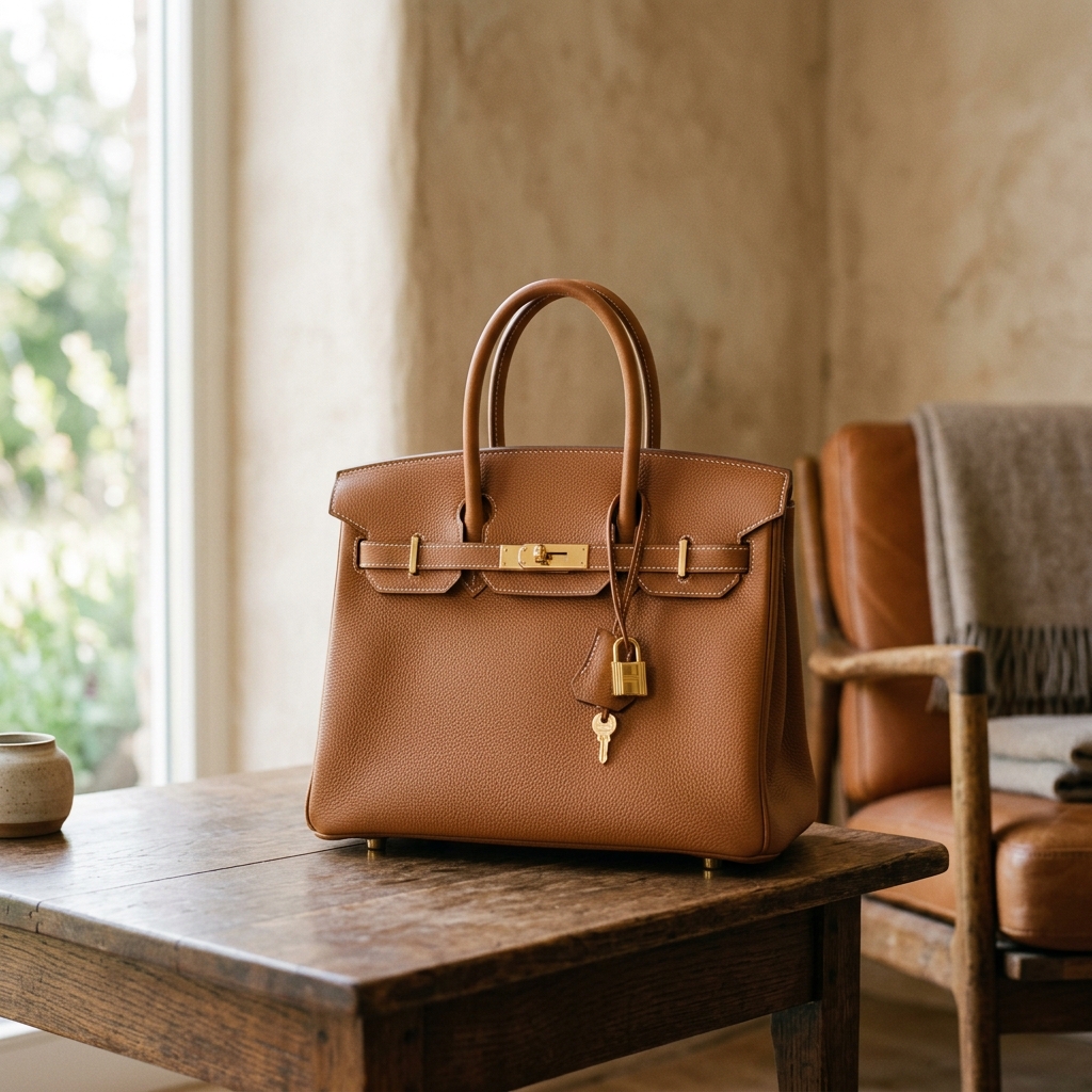 Hermès Birkin Bag aus braunem Leder auf Holztisch in hochwertigem Wohnambiente
