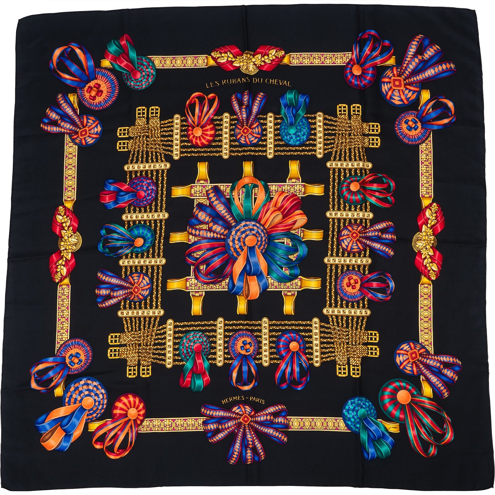 Hermès Noir Les Rubans du Cheval Silk Carre 90 Tuch