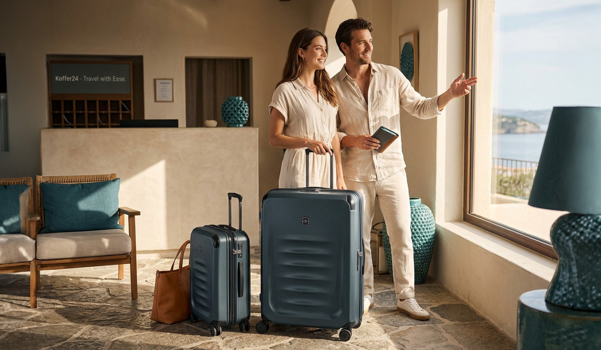 Paar mit modernen Victorinox Hartschalenkoffern in stilvollem Hotel mit Blick auf das Meer