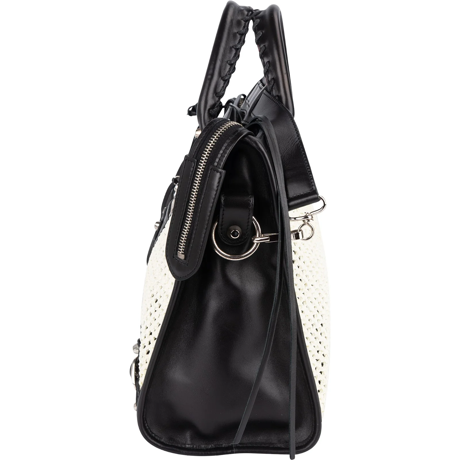 Balenciaga Black and White Raffia and Leather City Handbag