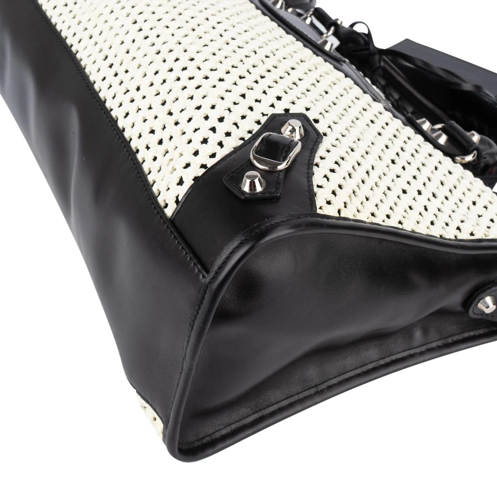 Balenciaga Black and White Raffia and Leather City Handbag