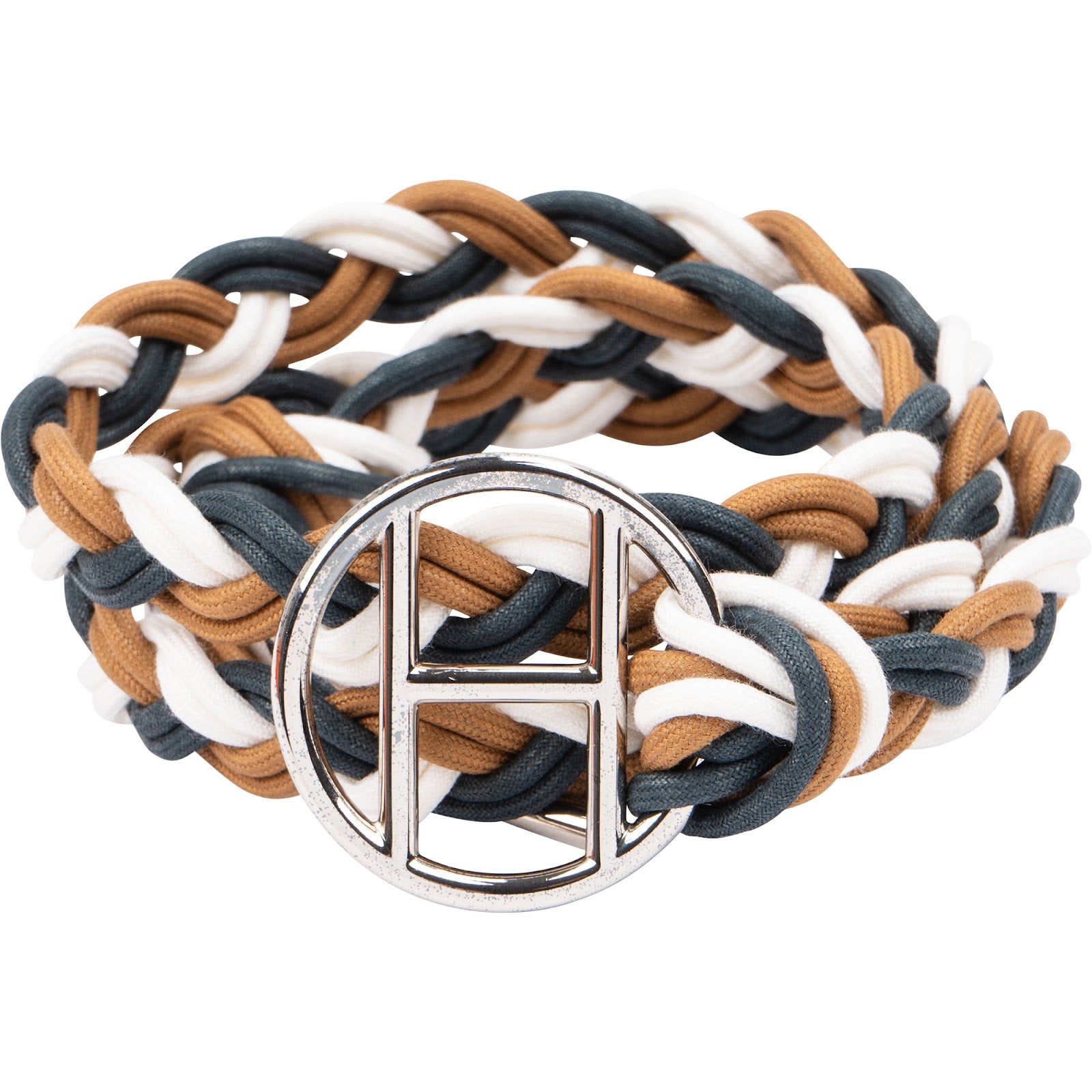 Hermès – Bleu Petrole Blanc Cordonnet Cord Kiss H-riem (70) Armband