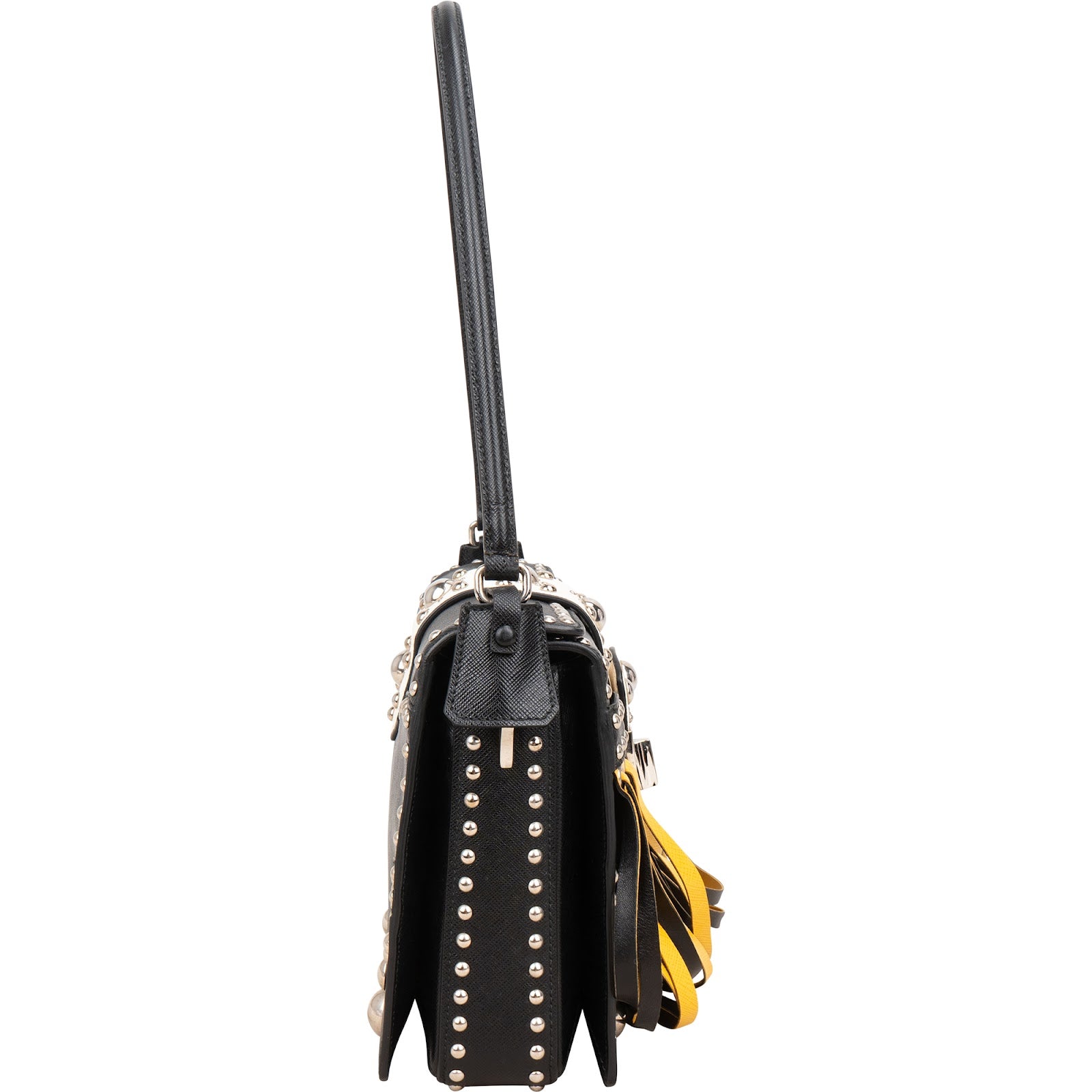 Prada Saffiano Leather Studded Fringe Turnlock Cahier Shoulder Bag