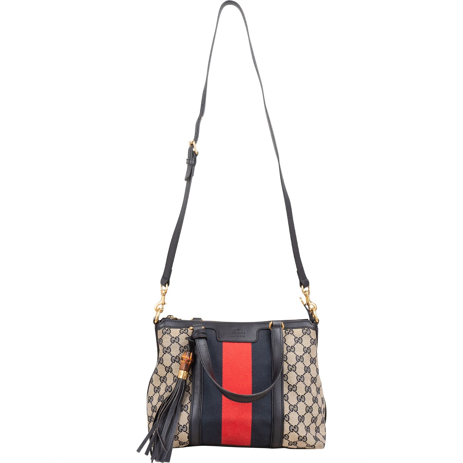 Gucci - GG Marrakech Web Stripe Bamboo Tassel Crossbody Bag