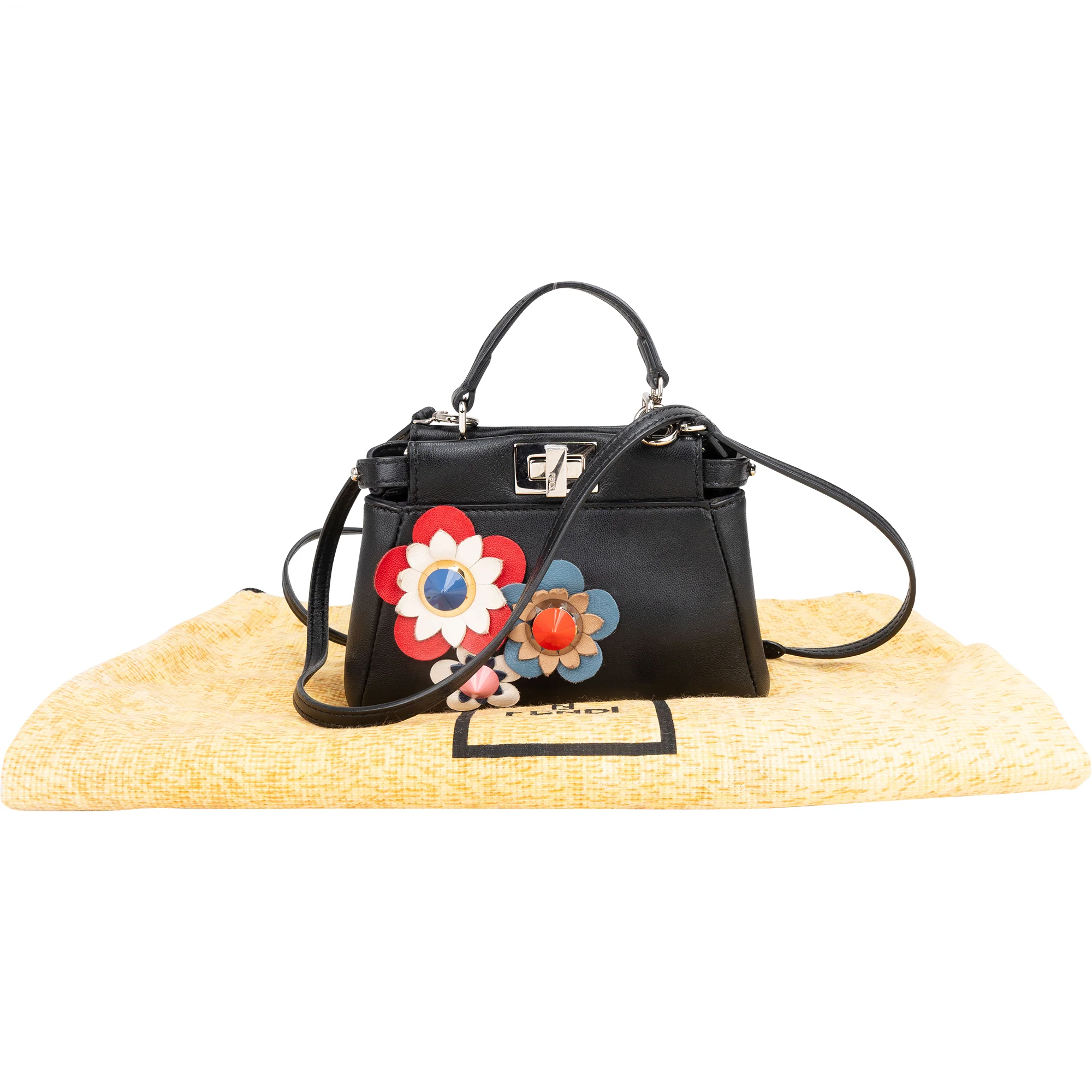 Fendi Black Leather Floral Mini Peekaboo Handbag