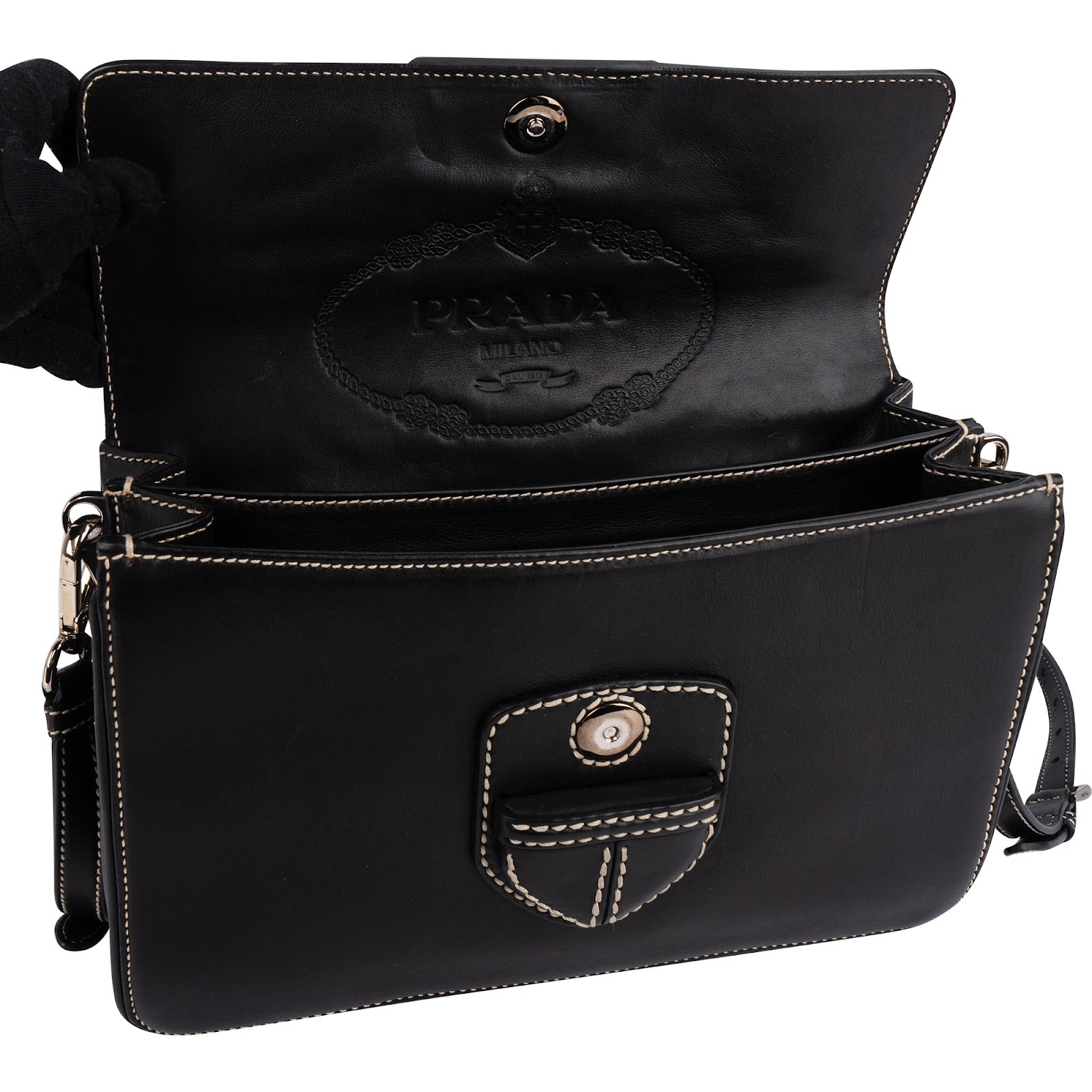 Prada Leather Contrast Stitch Flap Crossbody Bag