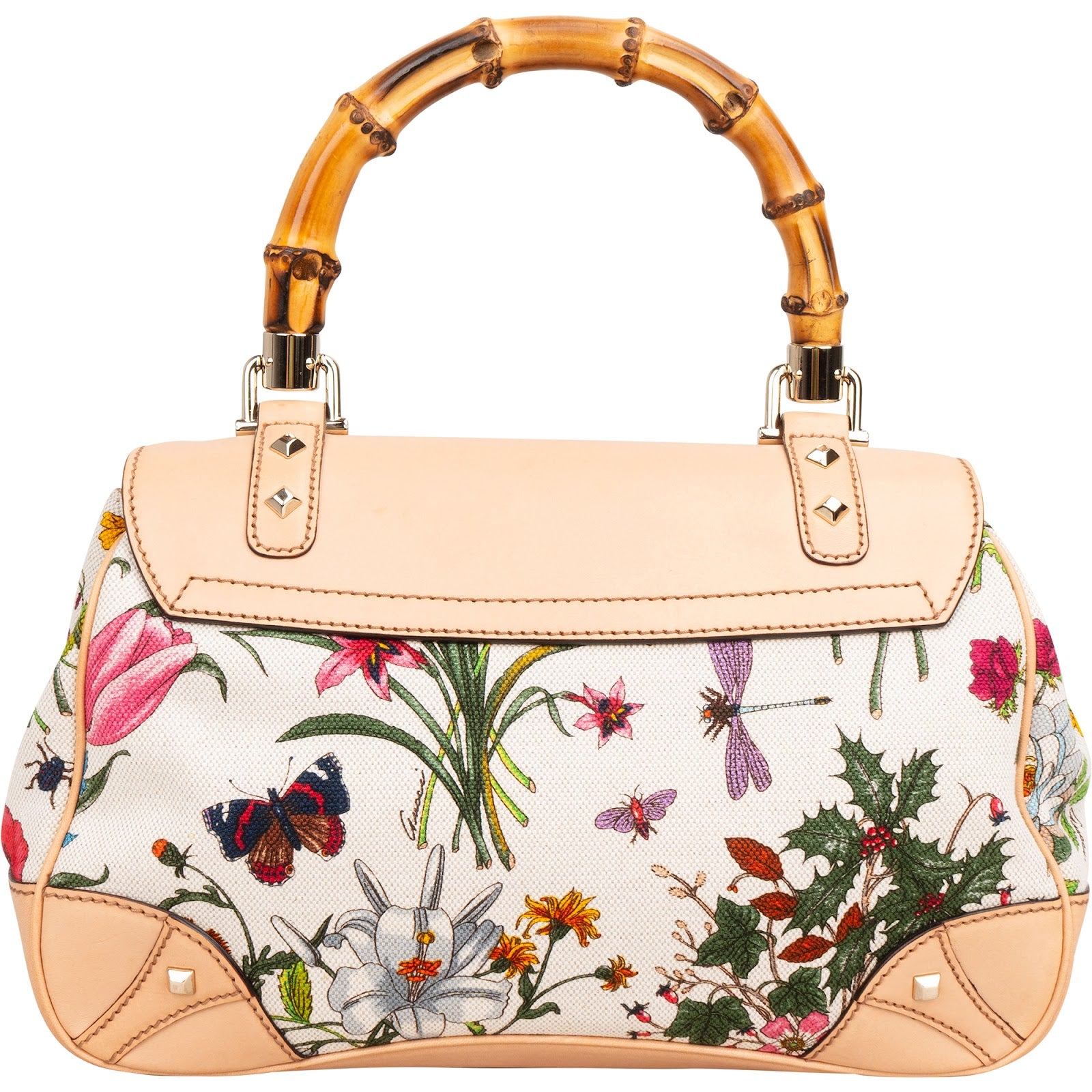 Gucci Rose Leather Flora Print Canvas Bamboo Top Handle Handbag