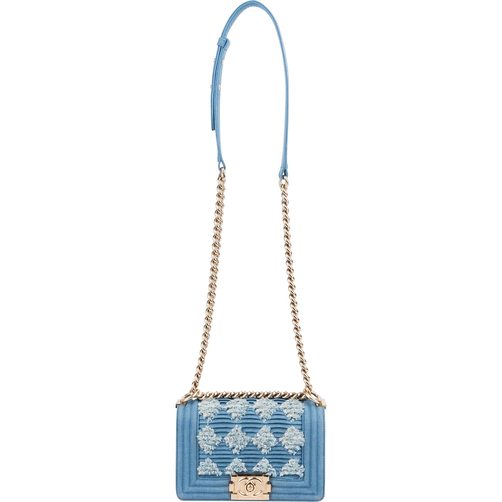 Chanel Denim Frayed Chevron Pleated Small Boy Crossbody Bag