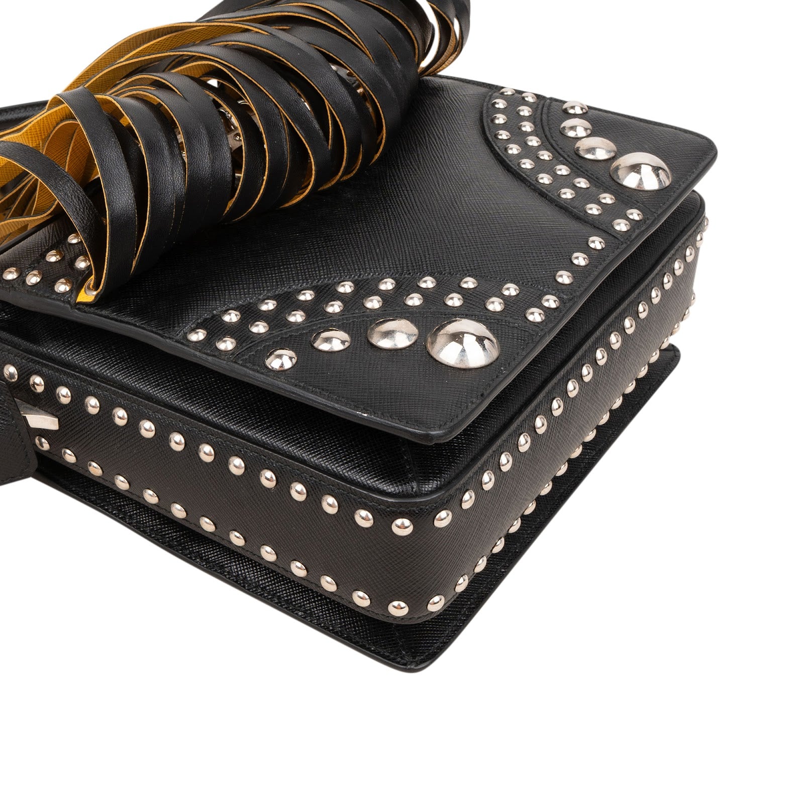 Prada Saffiano Leather Studded Fringe Turnlock Cahier Shoulder Bag